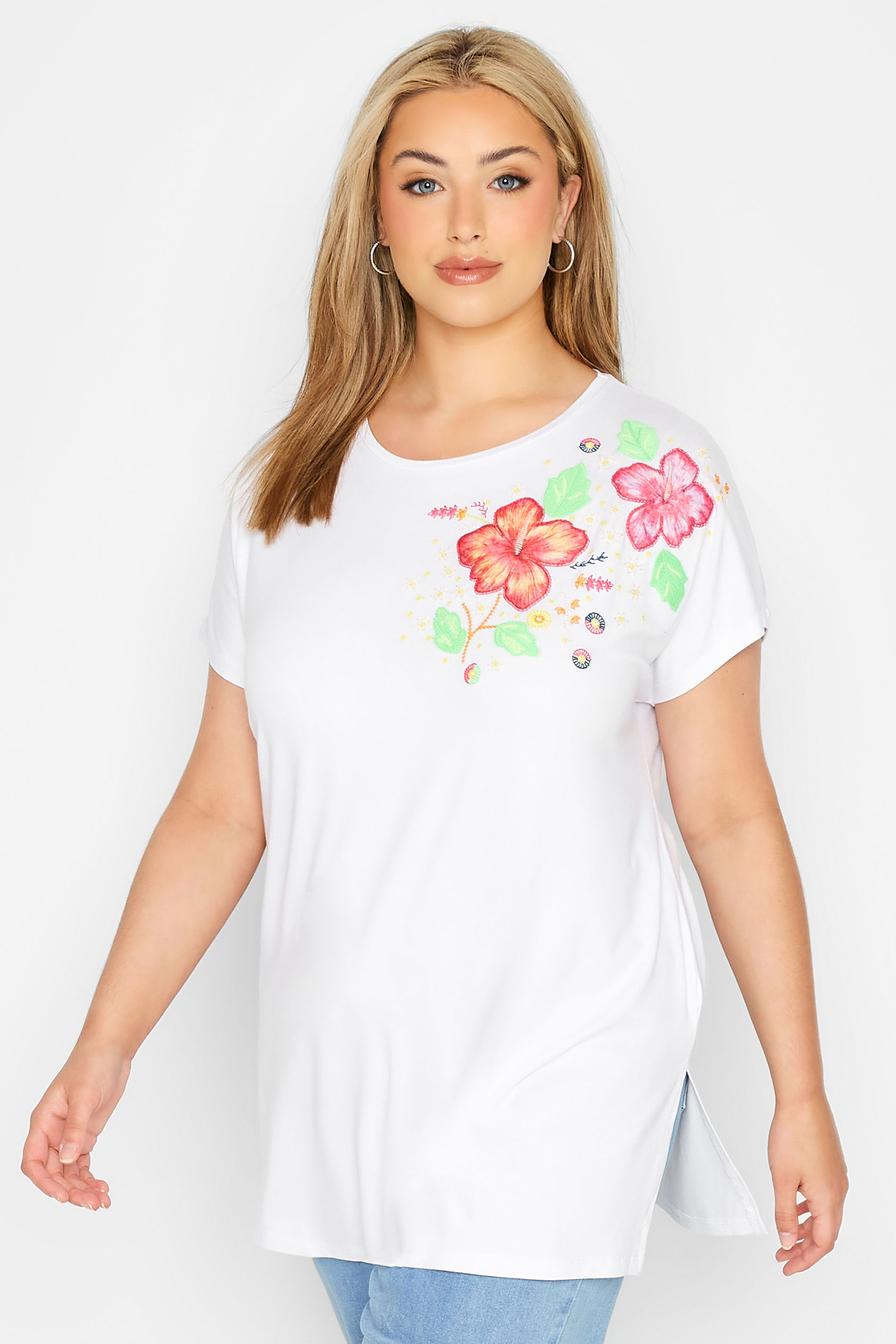 Curve White Floral Shoulder Detail T-Shirt 1
