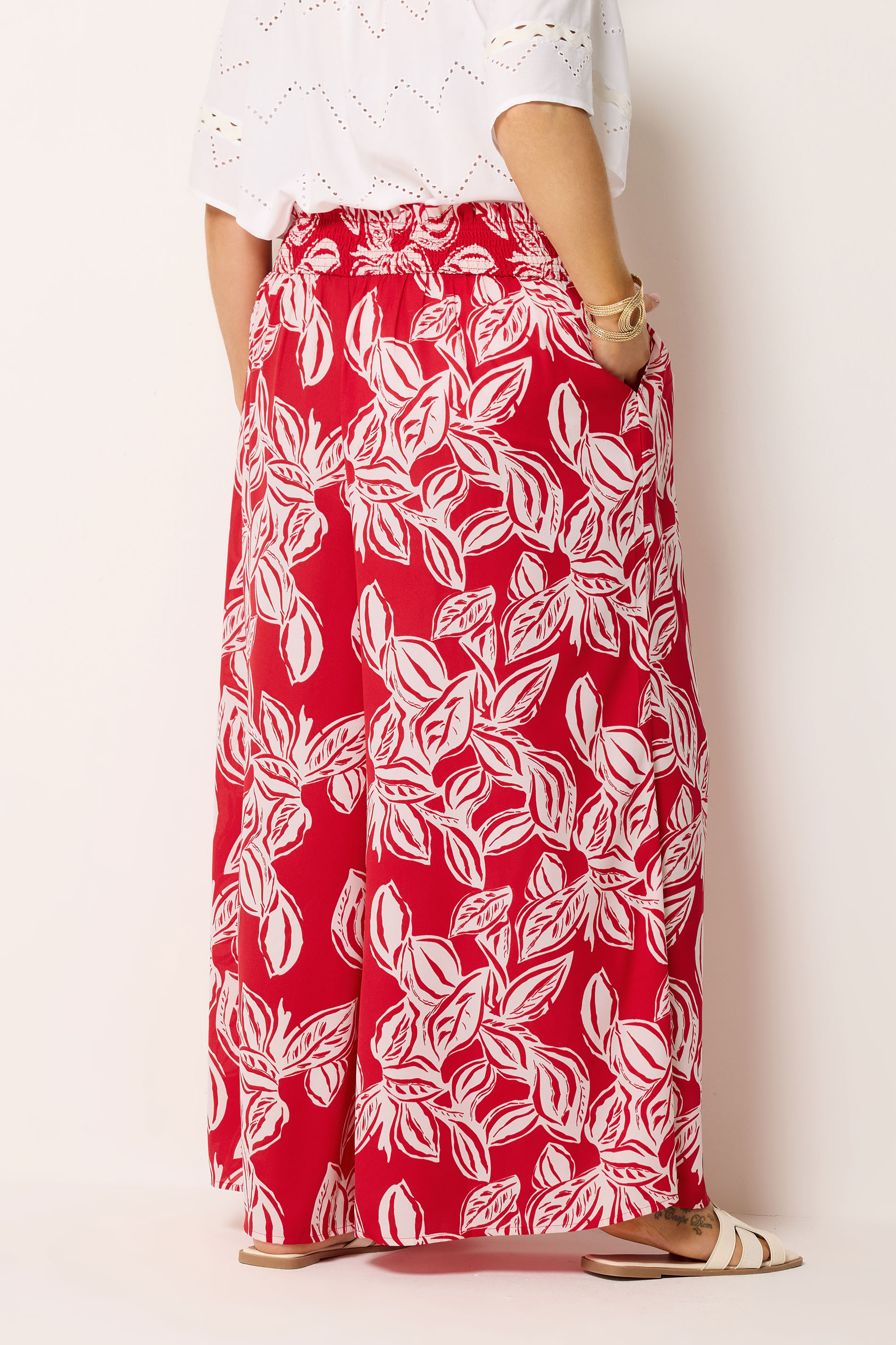 YOURS Plus Size Red Palm Leaf Wide Leg Trousers | Yours Clothing 2