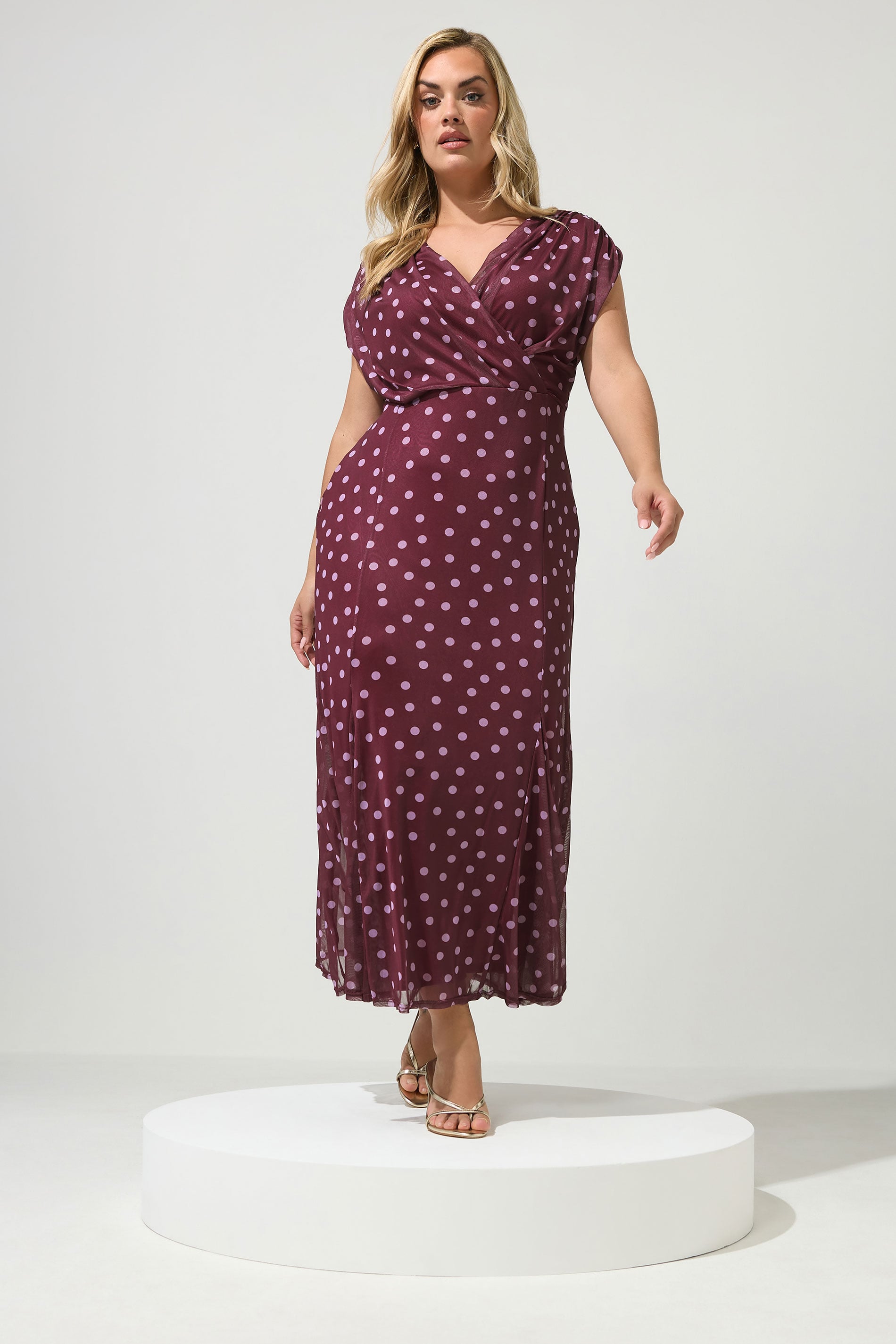 YOURS LONDON Plus Size Purple Polka Dot Godet Hem Wrap Dress | Yours Clothing 1