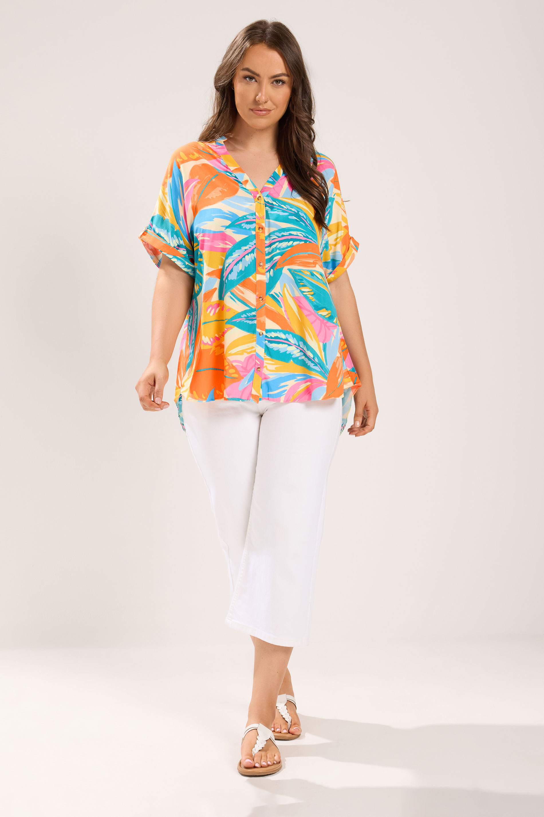 YOURS Plus Size Blue Tropical Tab Detail Shirt | Yours Clothing 1