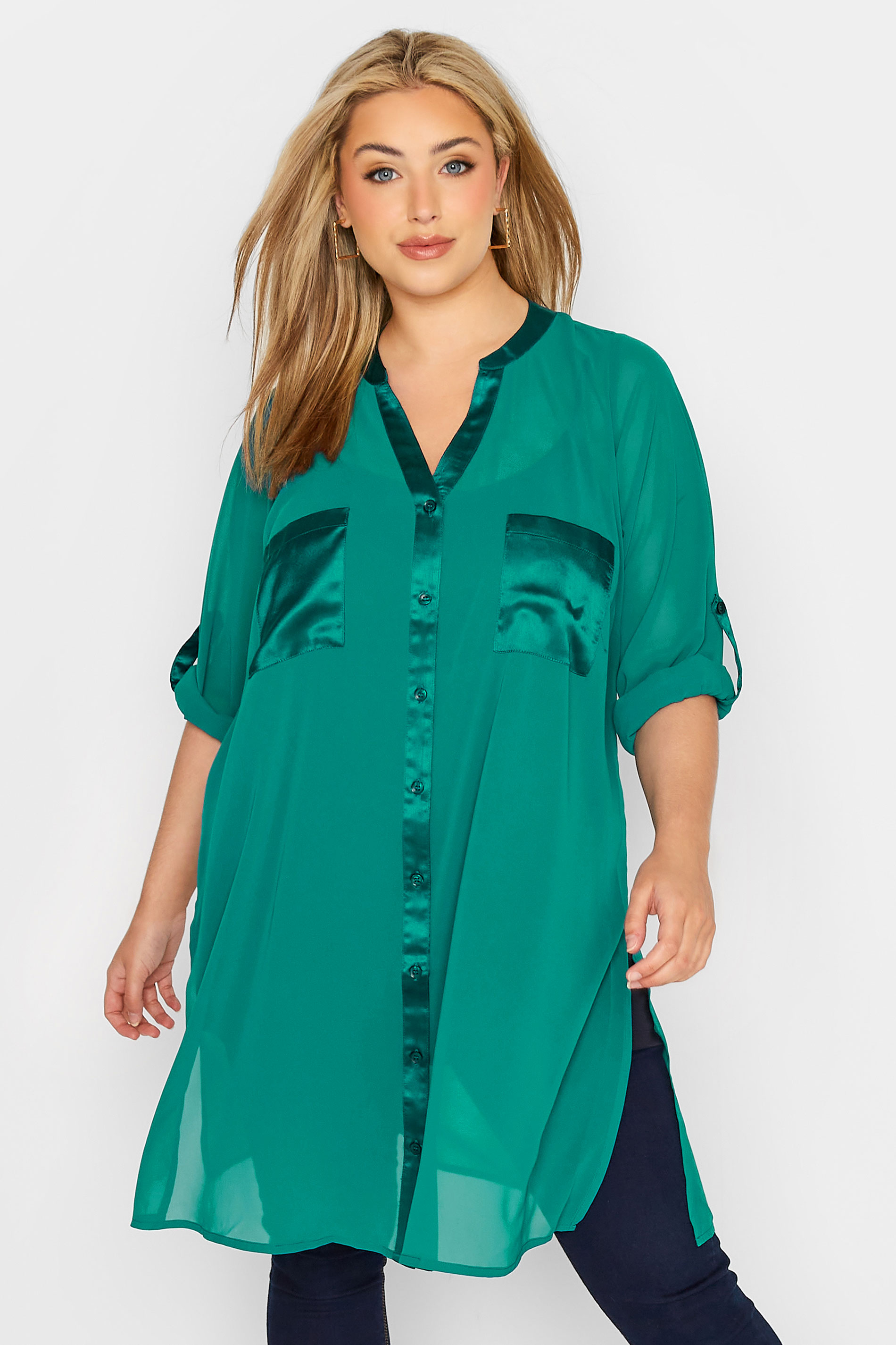 YOURS LONDON Plus Size Green Satin Pocket Shirt | Yours Clothing 1