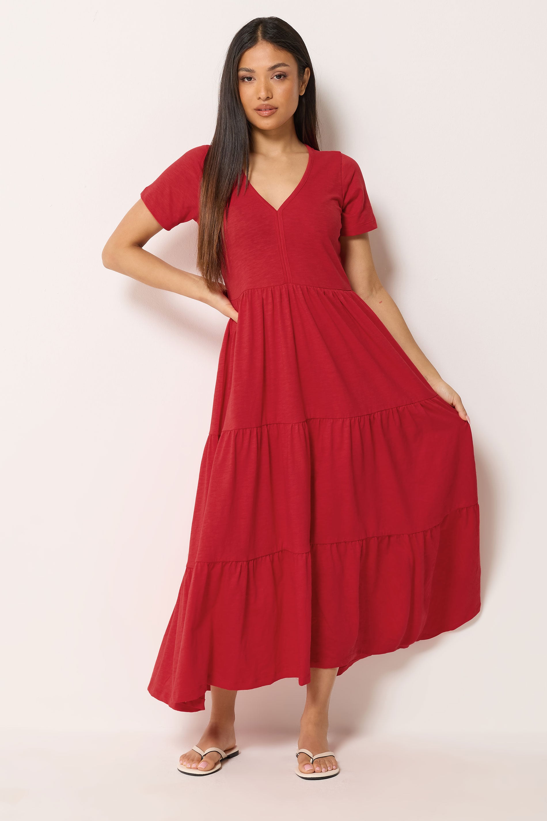 M&Co Petite Red Notch Neck Tiered Cotton Maxi Dress | M&Co 1