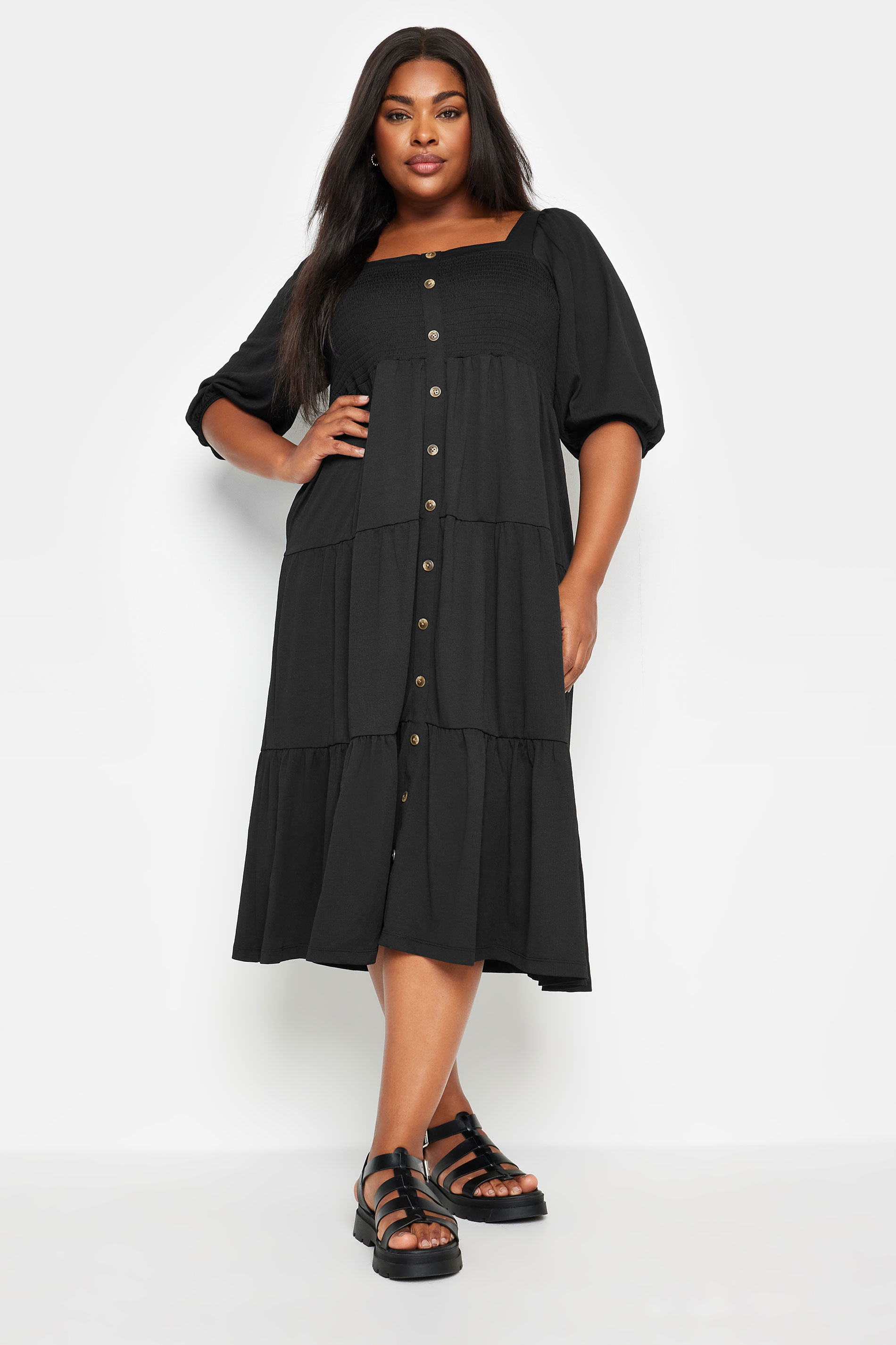YOURS Plus Size Black Button Front Tiered Midi Dress | Yours Clothing 2
