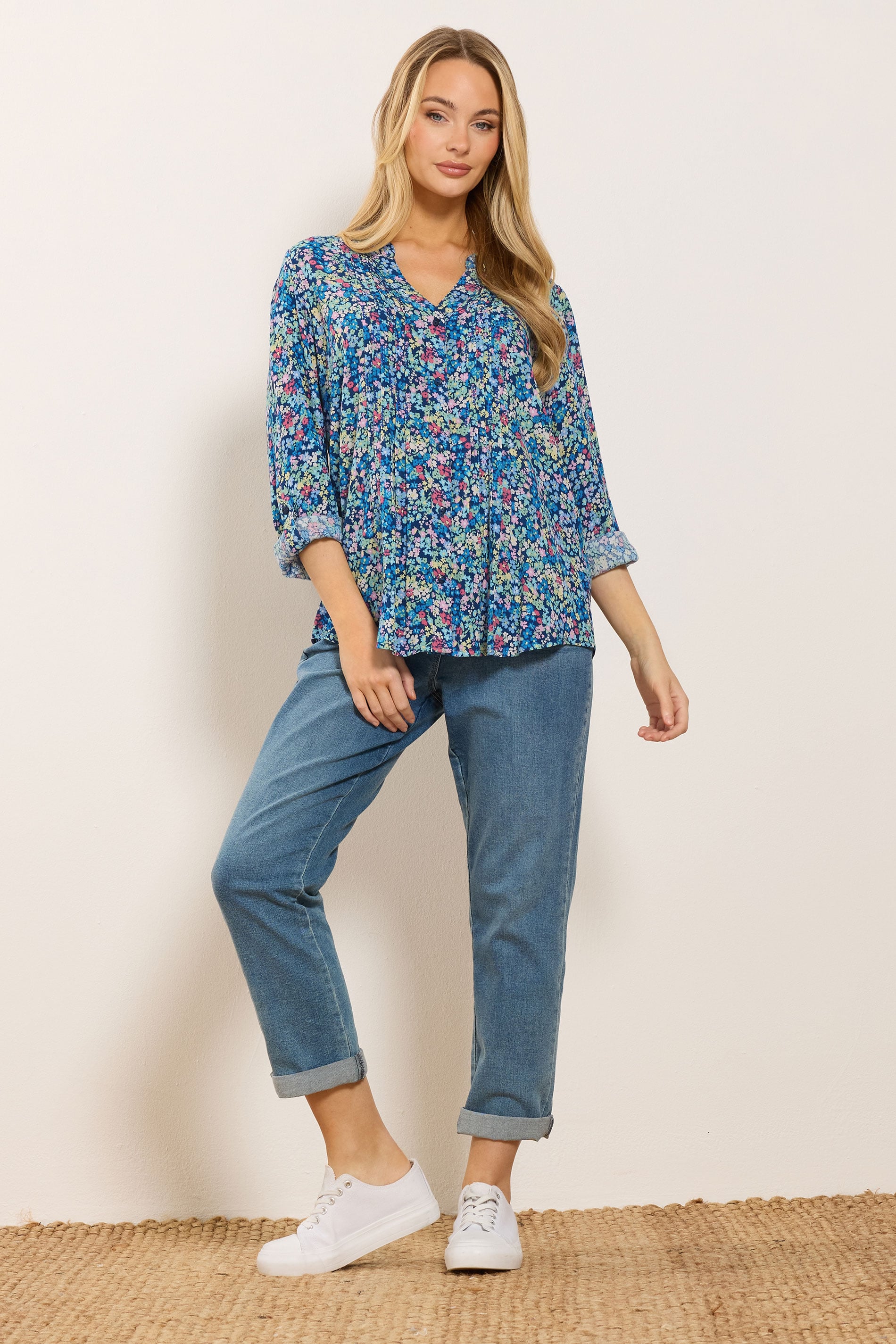 M&Co Blue Ditsy Floral Pintuck Blouse | M&Co 1