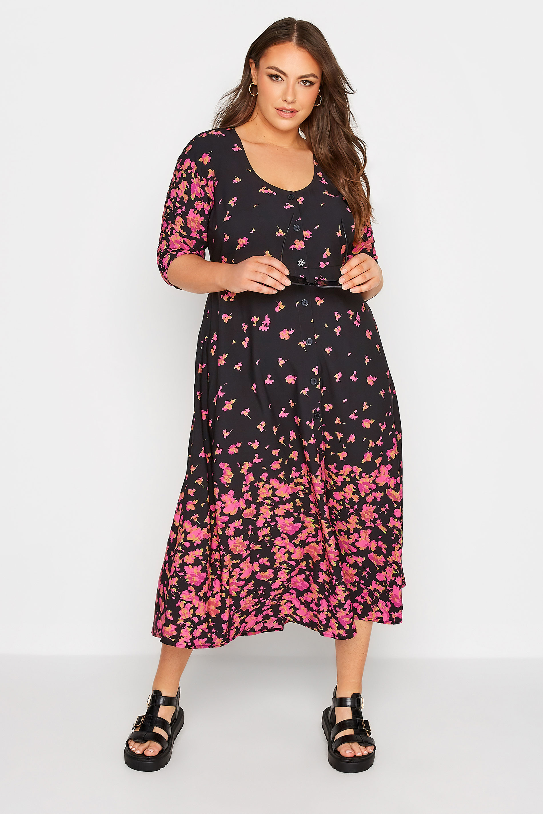 Robes Grande Taille Grande taille  Robes Imprimé Floral | LIMITED COLLECTION - Tea Dress Noire Bordures Floral Rose - TC46029