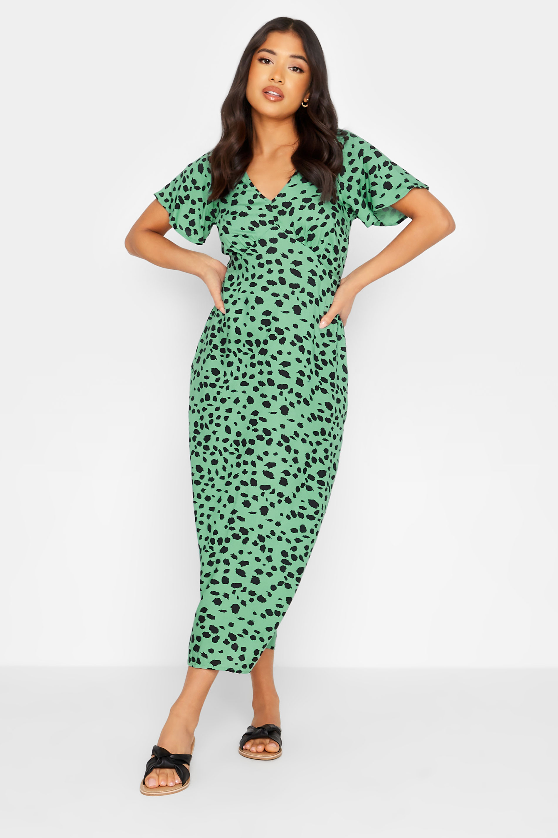 Petite Green Dalmatian Print Tea Dress | PixieGirl 1