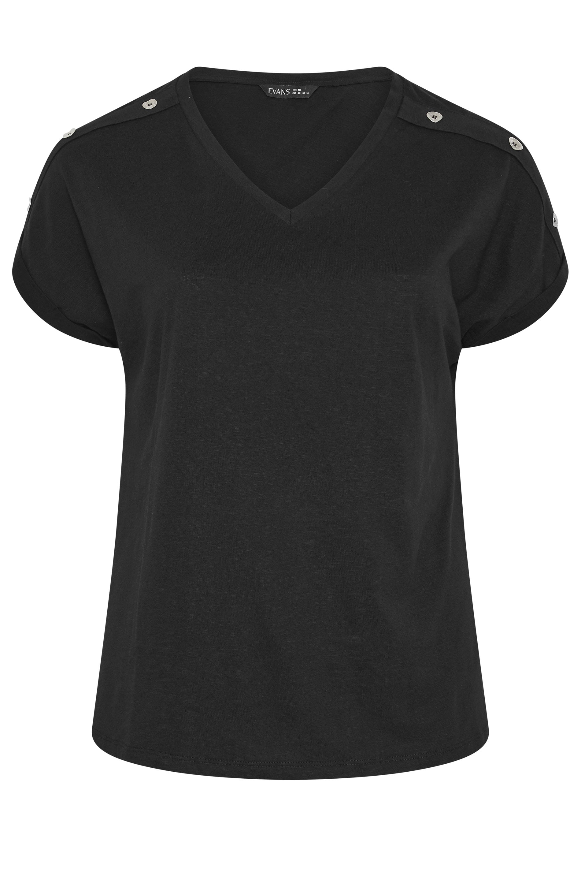 EVANS Plus Size Black Button Shoulder T-Shirt | Evans 5