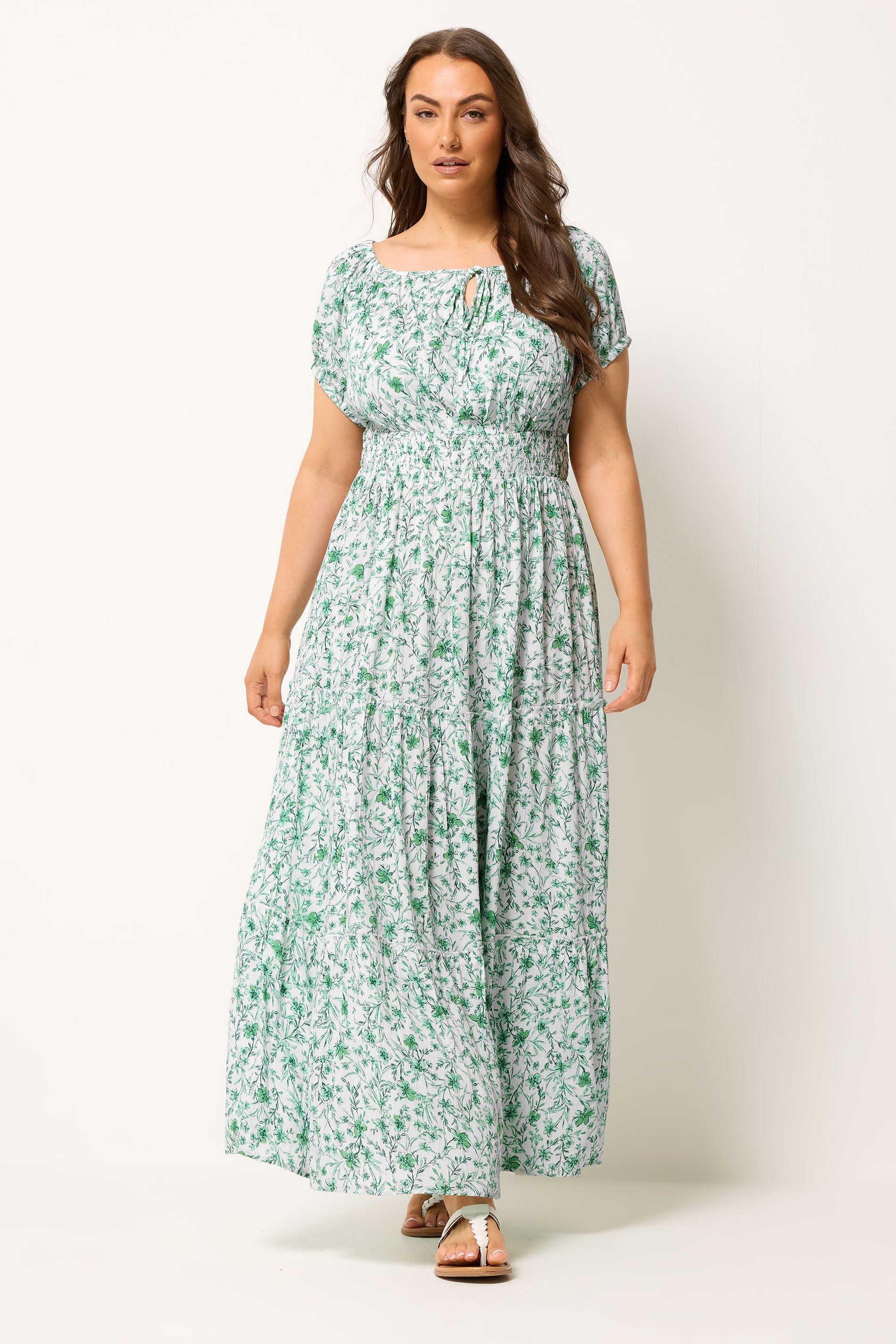 YOURS Plus Size Green Floral Bardot Maxi Dress | Yours Clothing 1