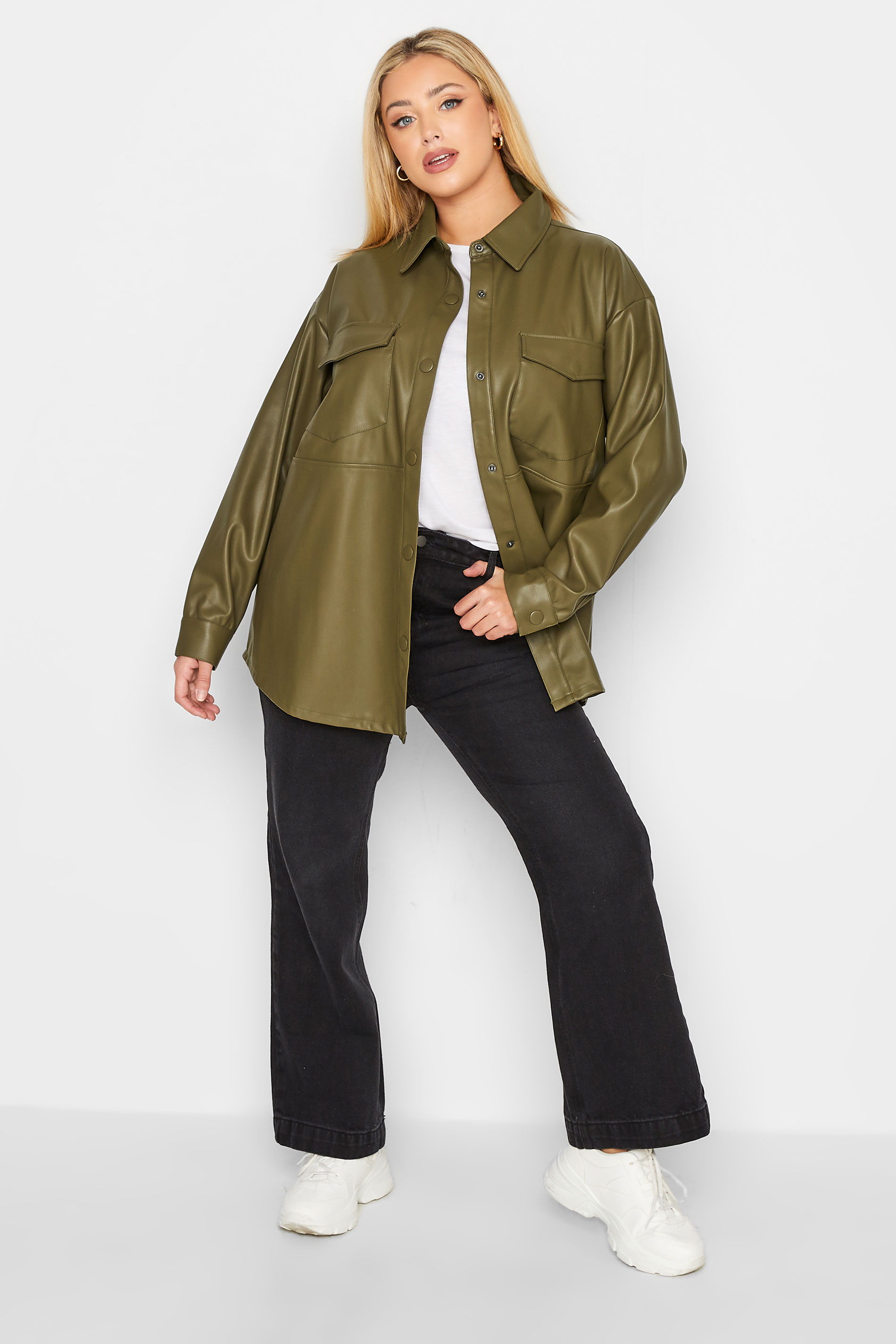 Plus Size Olive Green Faux Leather Shacket | Yours Clothing 2