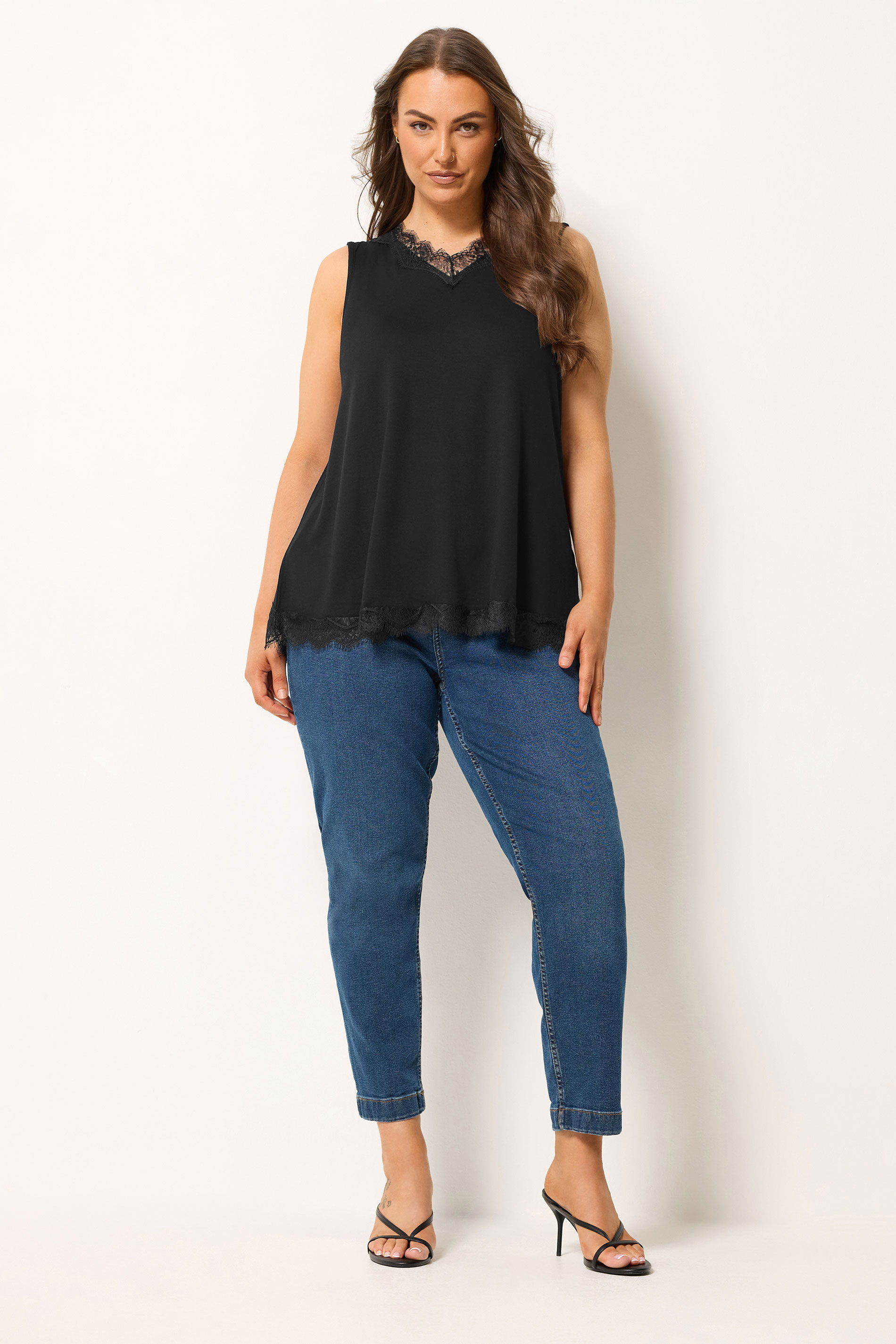 YOURS Plus Size Black Lace Trim Vest Top | Yours Clothing 1