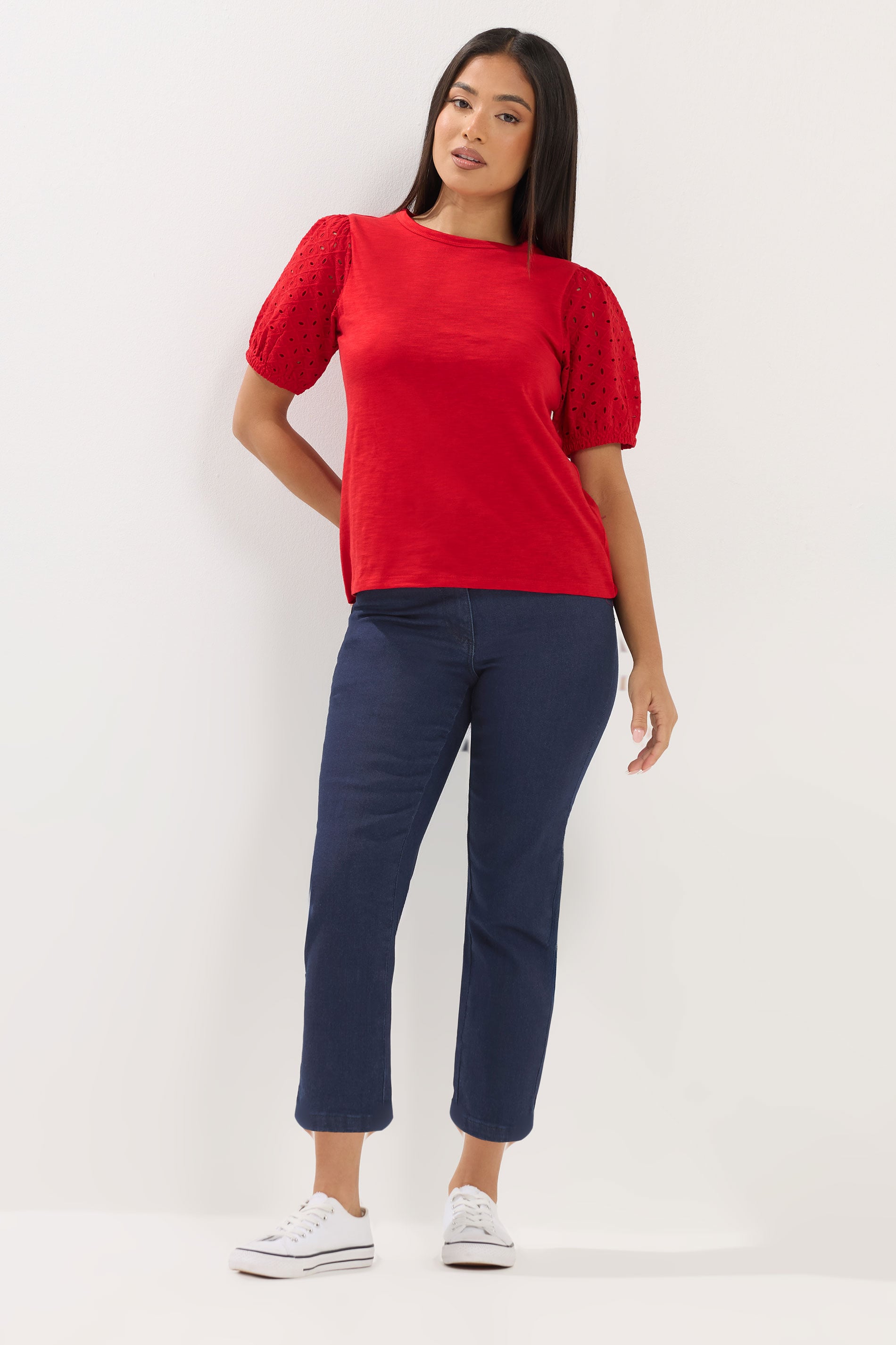 M&Co Petite Red Broderie Cotton Puff Sleeve Top | M&Co 1