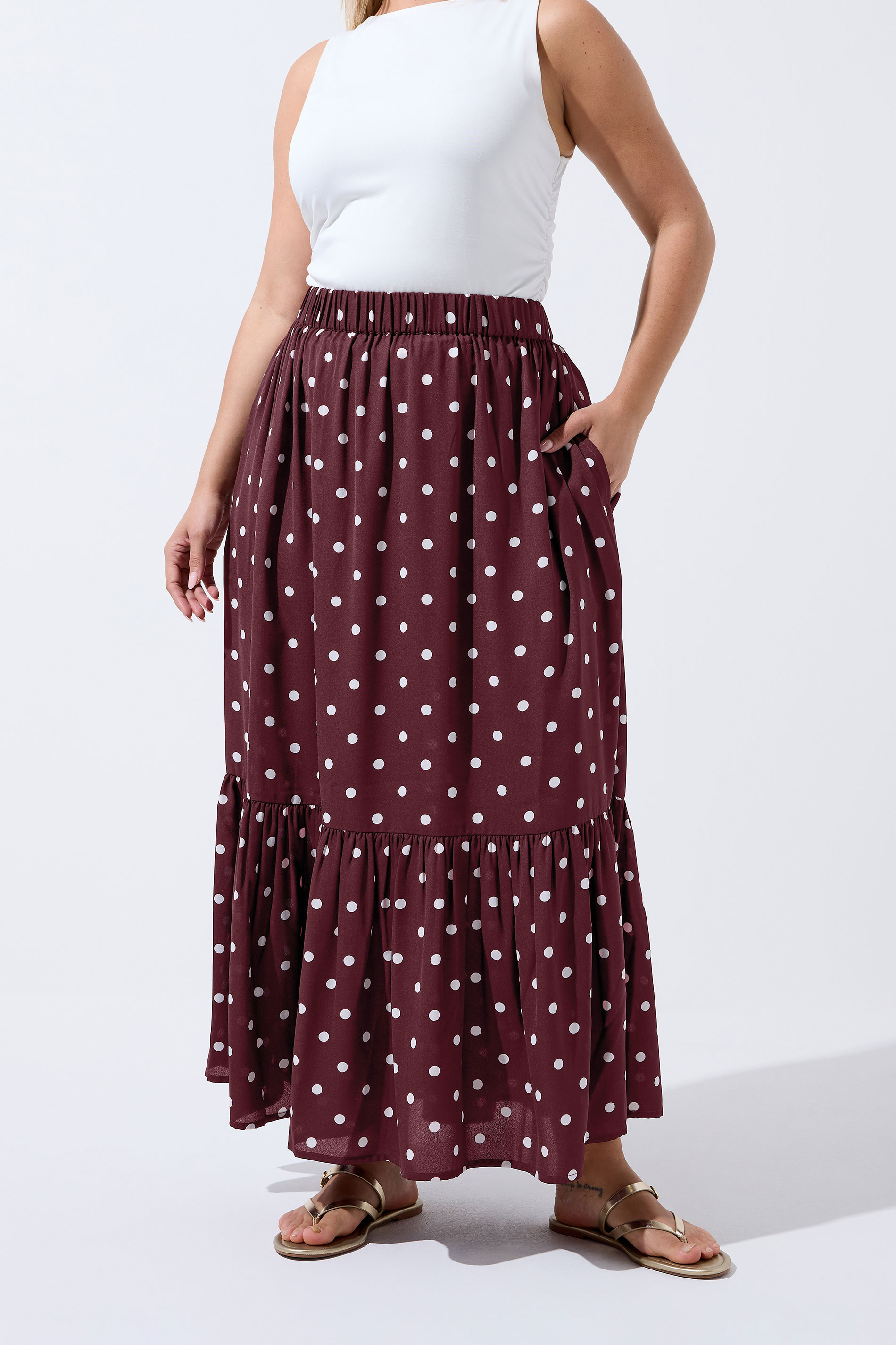 LIMITED COLLECITON Plus Size Burgundy Red Polka Dot Tiered Maxi Skirt | Yours Clothing 1