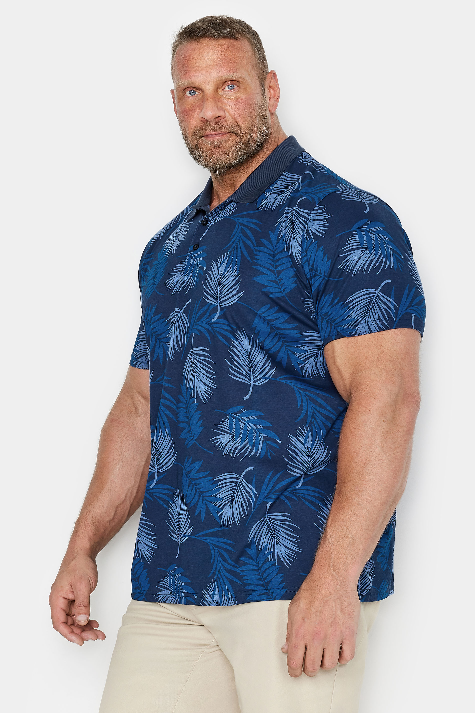 BadRhino Big & Tall Navy Blue Leaf Print Slub Polo Shirt | BadRhino 2