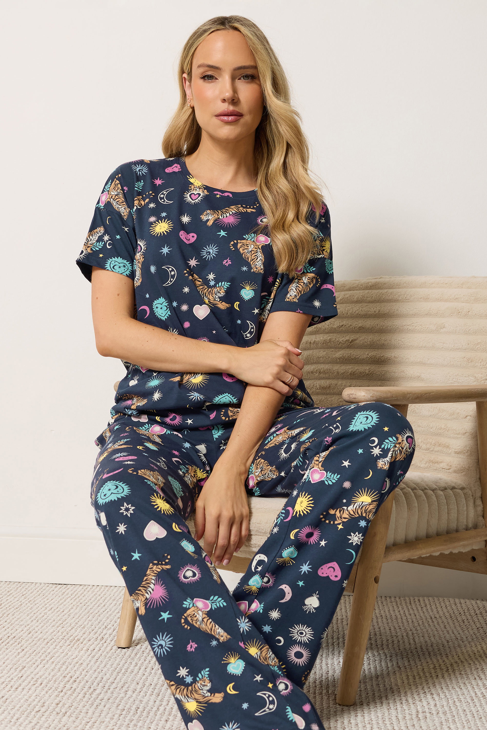 LTS Tall Women's Navy Blue Celestial Tiger Cotton Wide Leg Pyjama Set | Long Tall Sally 1