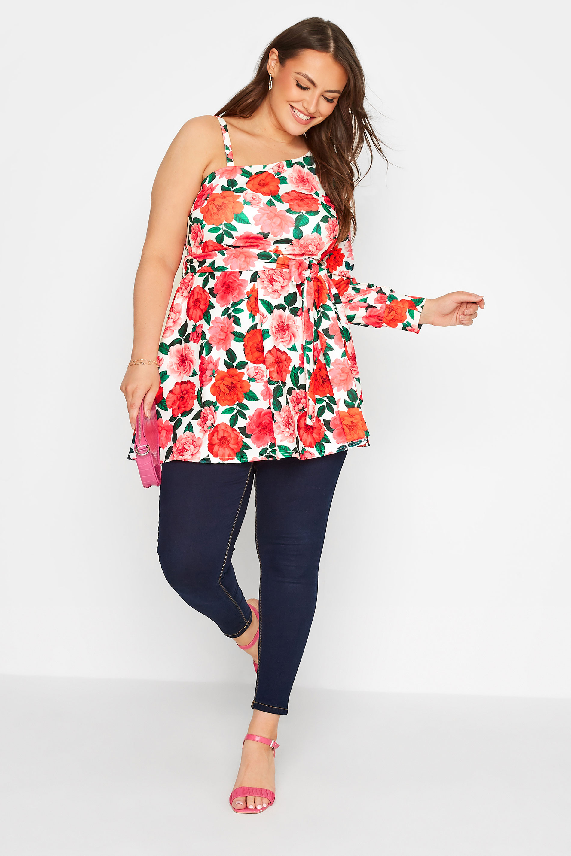 YOURS LONDON Plus Size White Rose Print One Shoulder Peplum Top | Yours Clothing 2