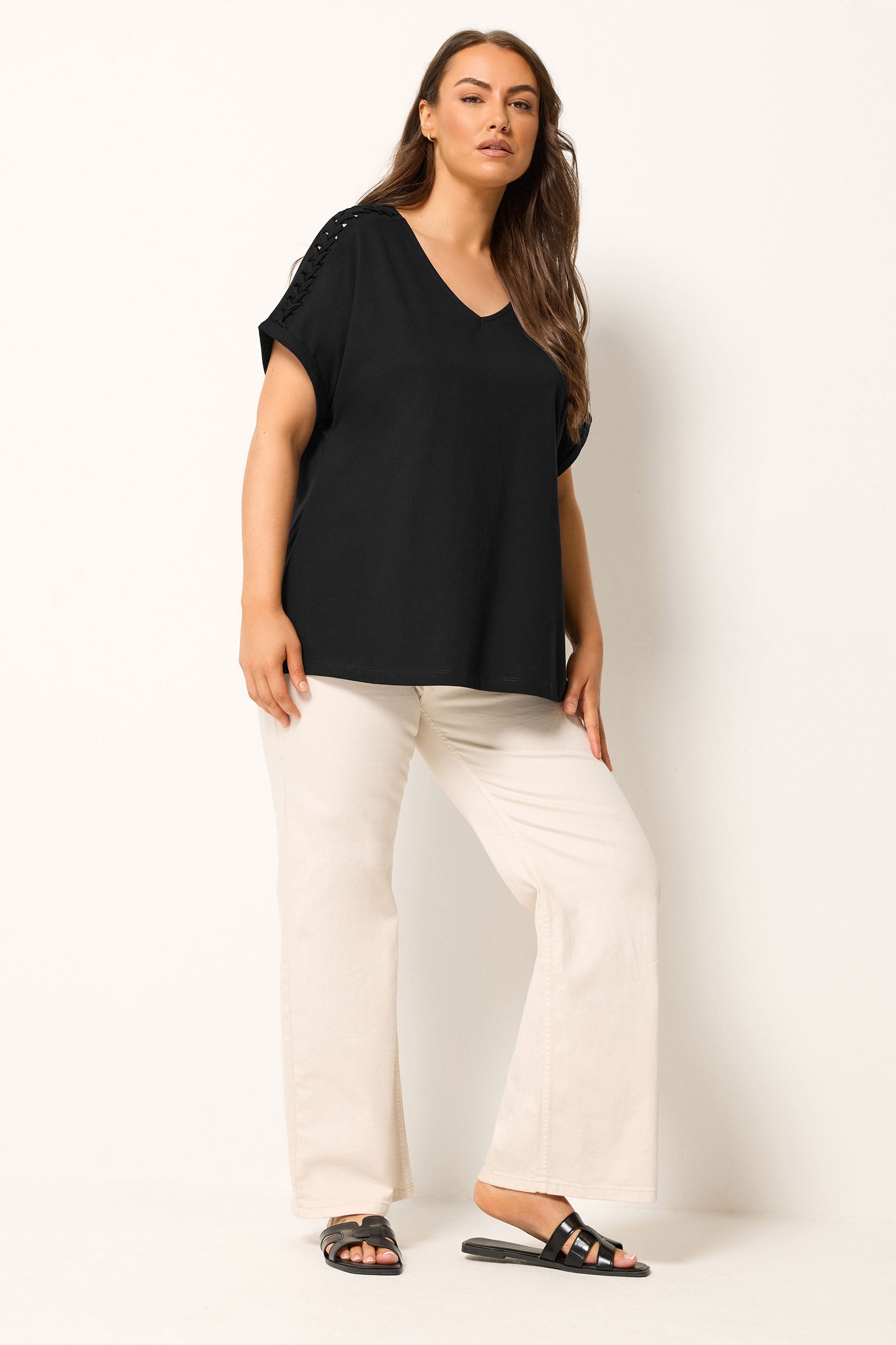 YOURS Plus Size Black Lattice Grown On Sleeve T-Shirt | Yours Clothing 1
