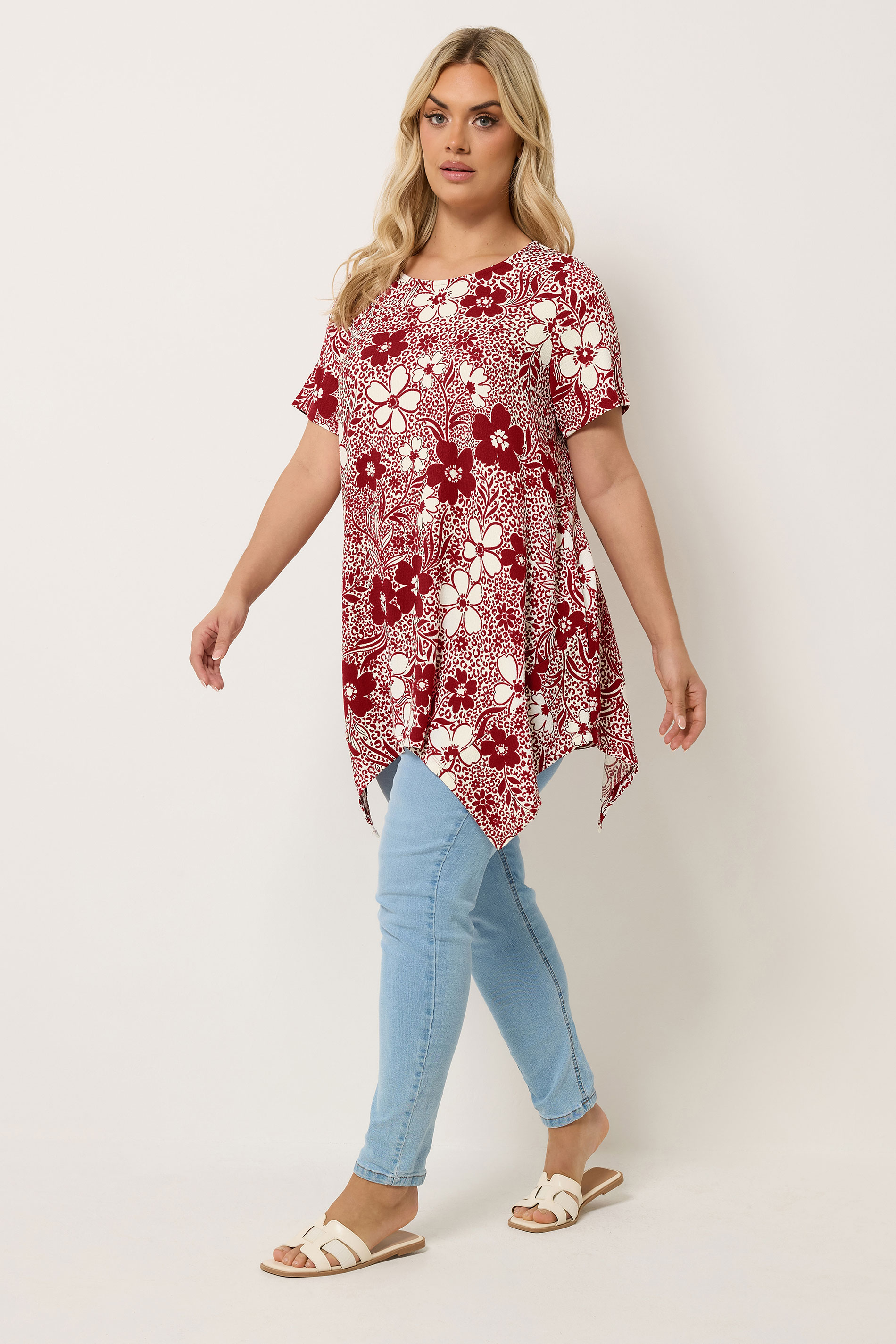 YOURS Plus Size Red Floral Hanky Hem Top | Yours Clothing 1