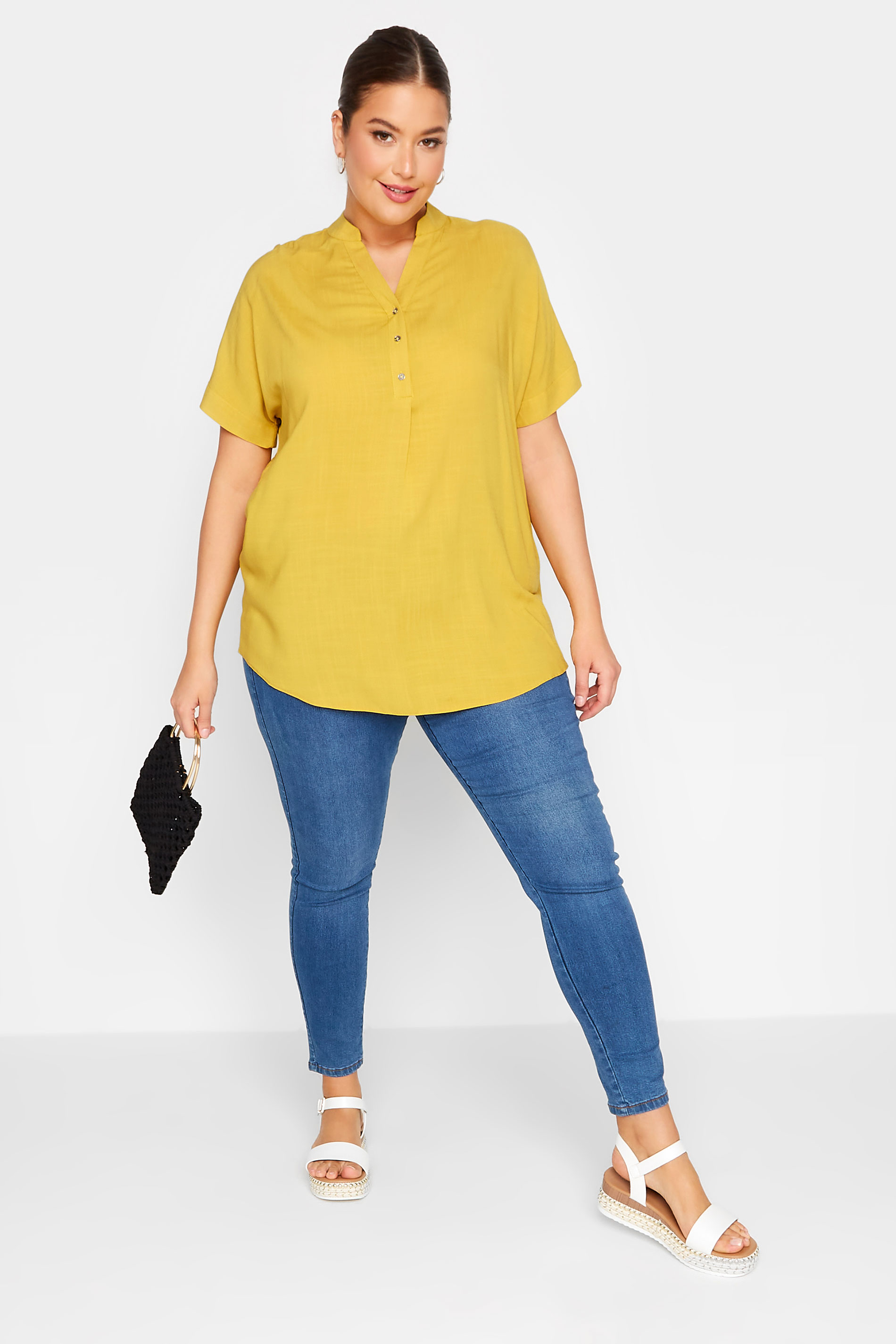 YOURS Plus Size Yellow Half Placket Blouse | Yours Clothing 2