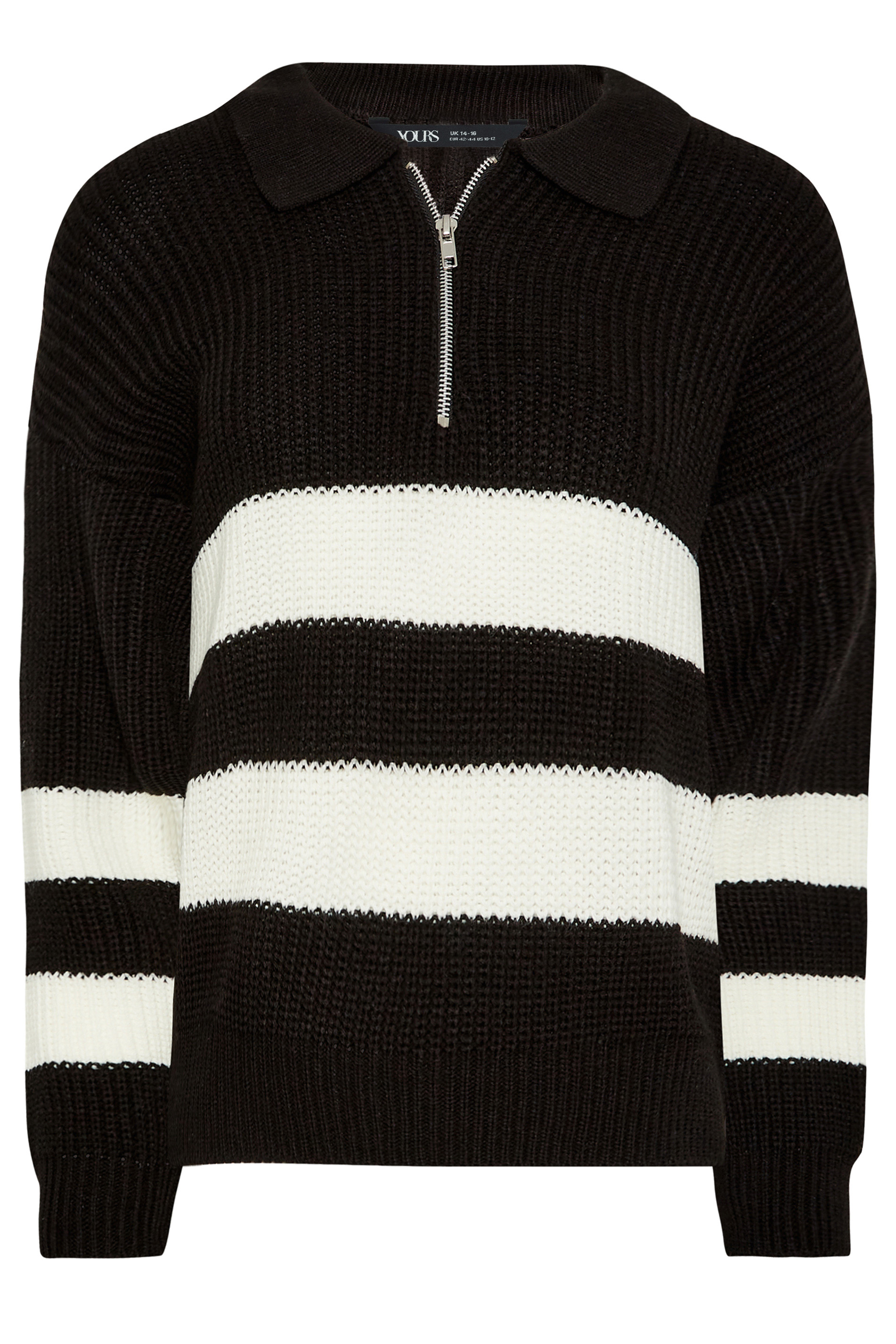 YOURS PETITE Plus Size Black & White Stripe Zip Collar Jumper | Yours Clothing 1