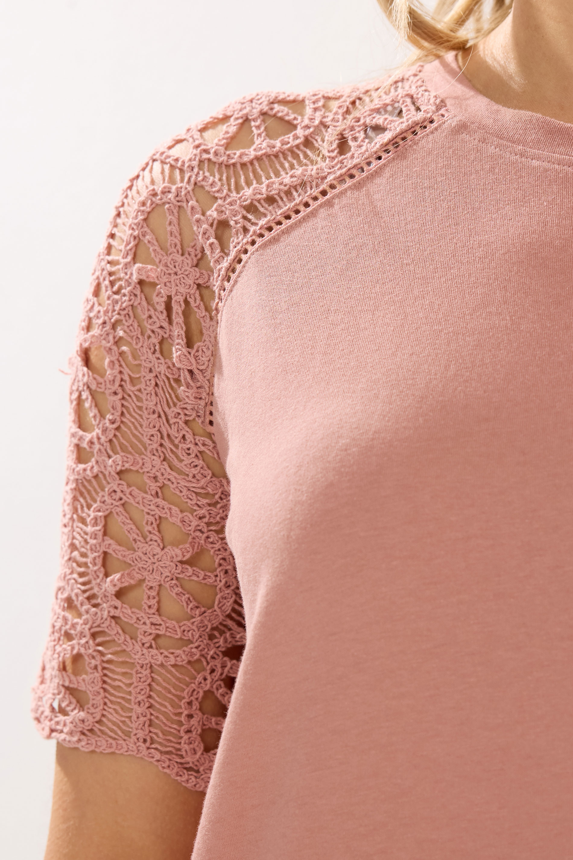 LTS Tall Women's Pink Crochet Raglan Cotton T-Shirt | Long Tall Sally 4