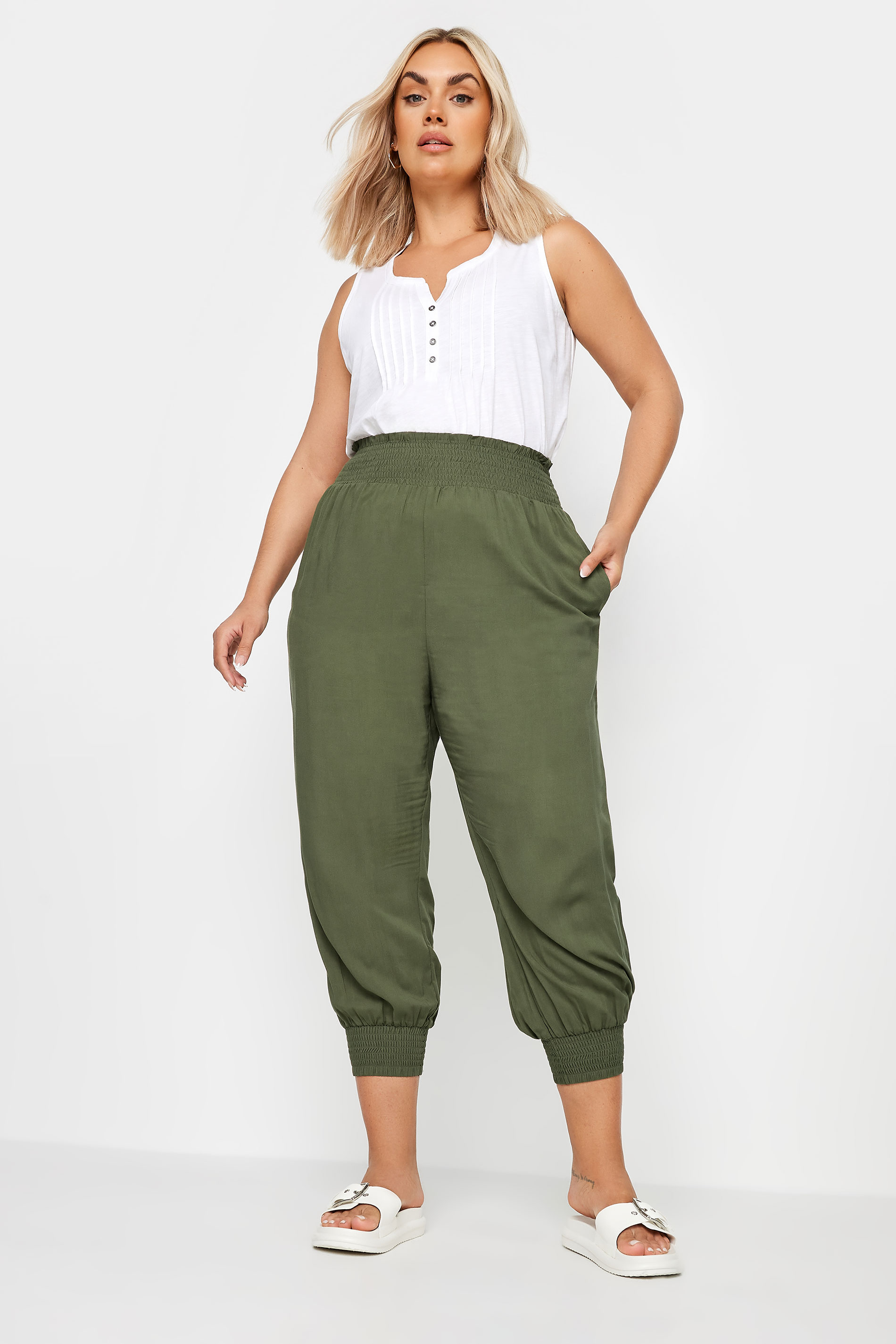 YOURS Plus Size Khaki Green Shirred Harem Trousers | Yours Clothing 2