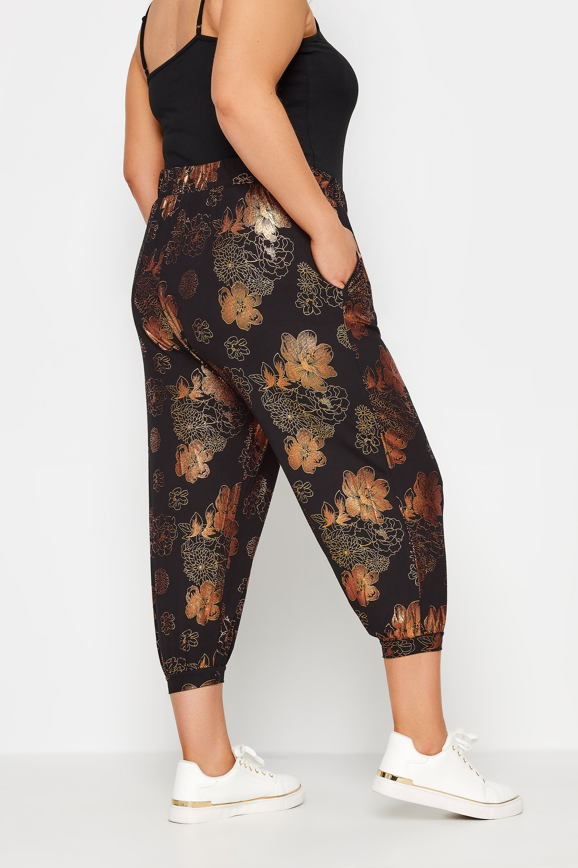 YOURS Plus Size Black Metallic Floral Print Cropped Harem Joggers | Yours Clothing 3