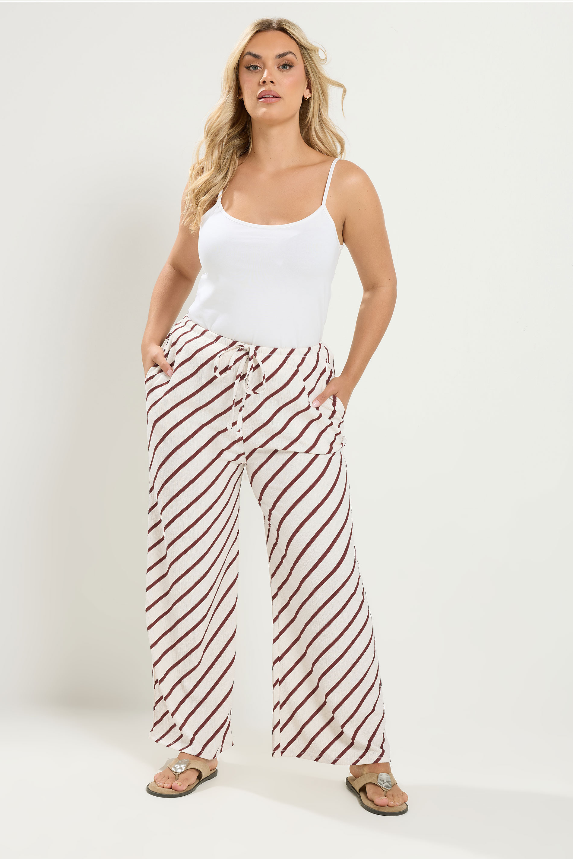 YOURS Plus Size  Natural Brown Stripe Wide Leg Trousers | Yours Clothing 3