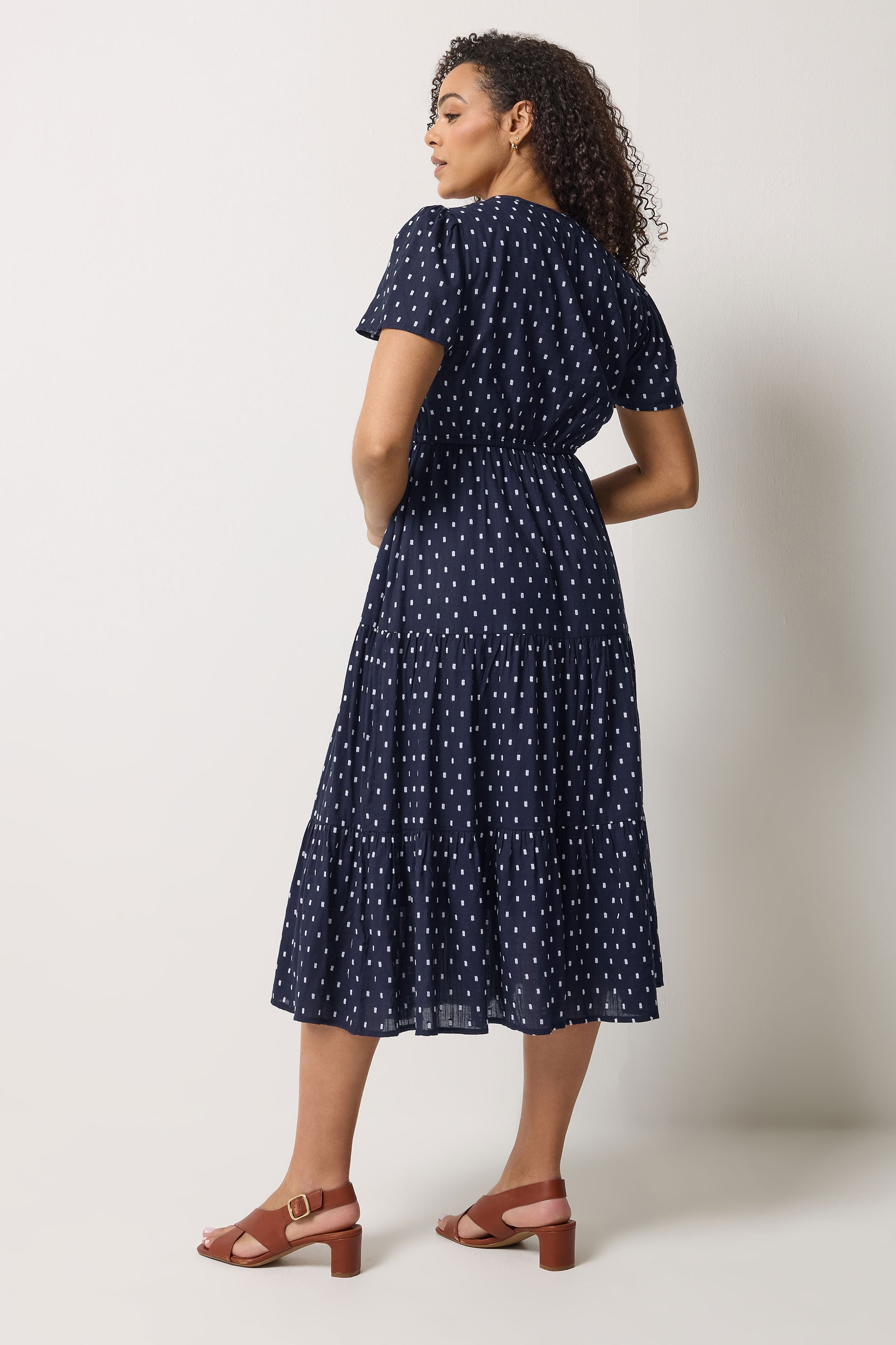 M&Co Navy Blue Dobby Tiered Cotton Midi Dress | M&Co 2