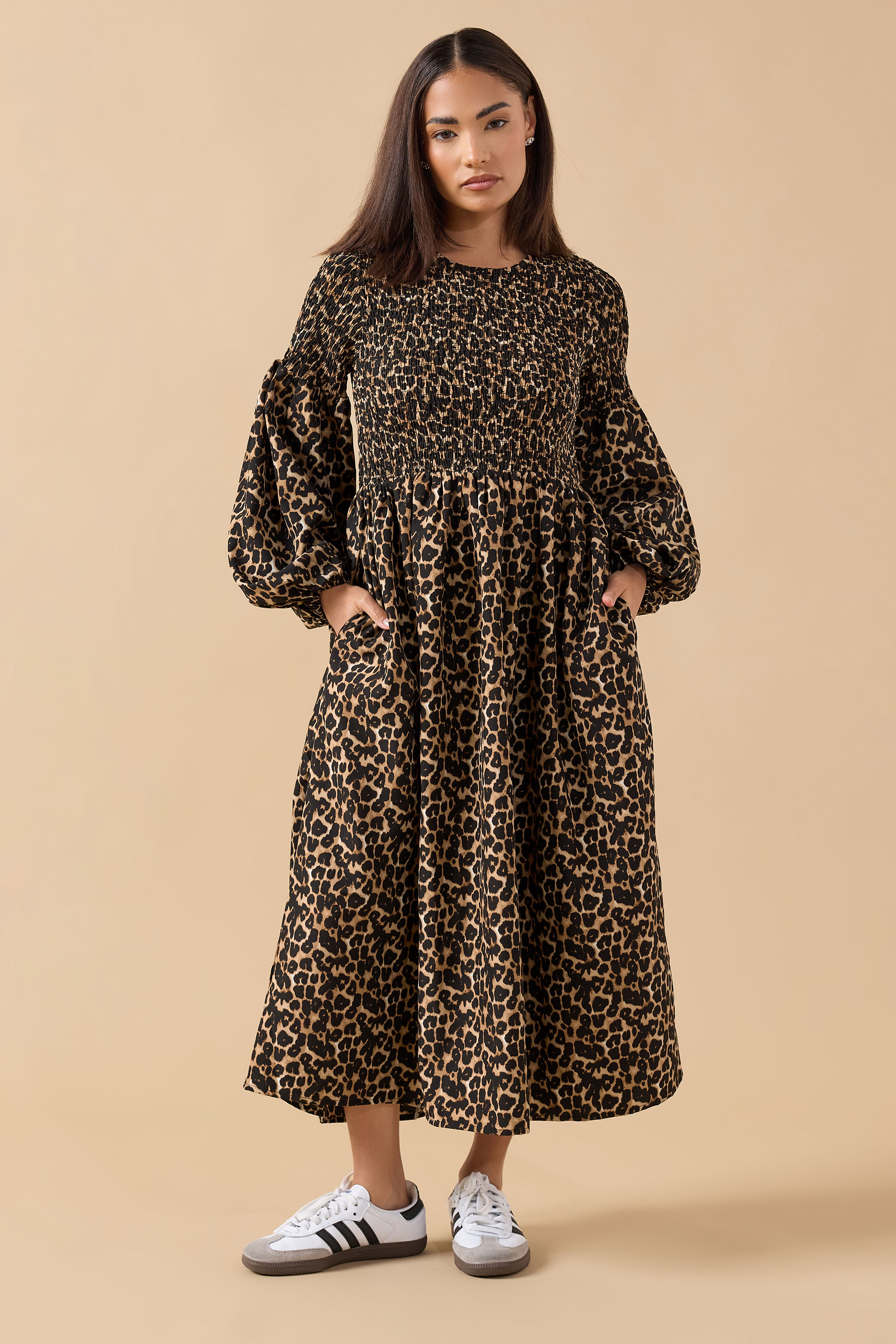 PixieGirl Petite Women's Brown Animal Shirred Puff Sleeve Maxi Dress | PixieGirl 3