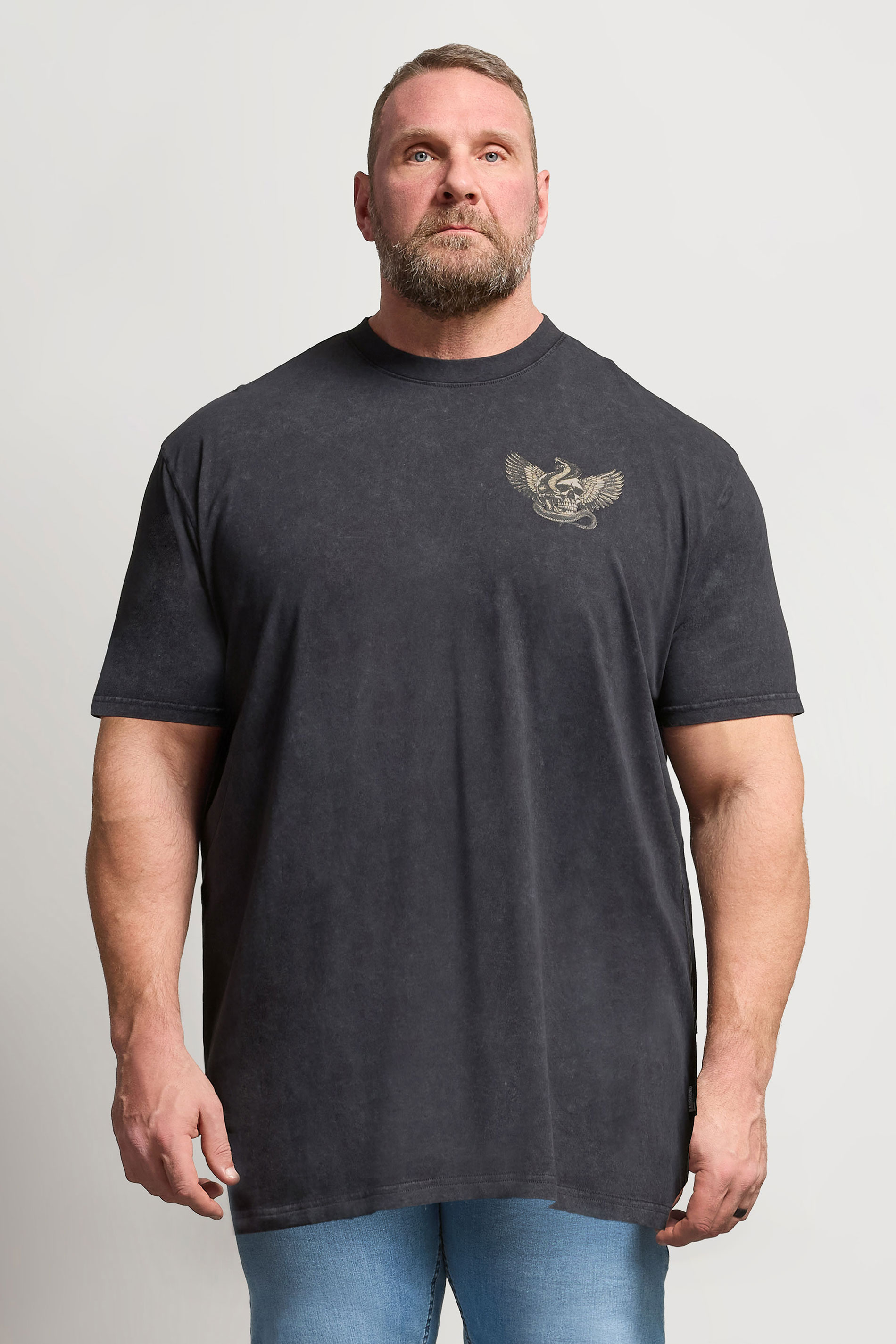 BadRhino Big & Tall Grey Extra Long Snake & Skull Graphic Acid Wash T-Shirt | BadRhino 3