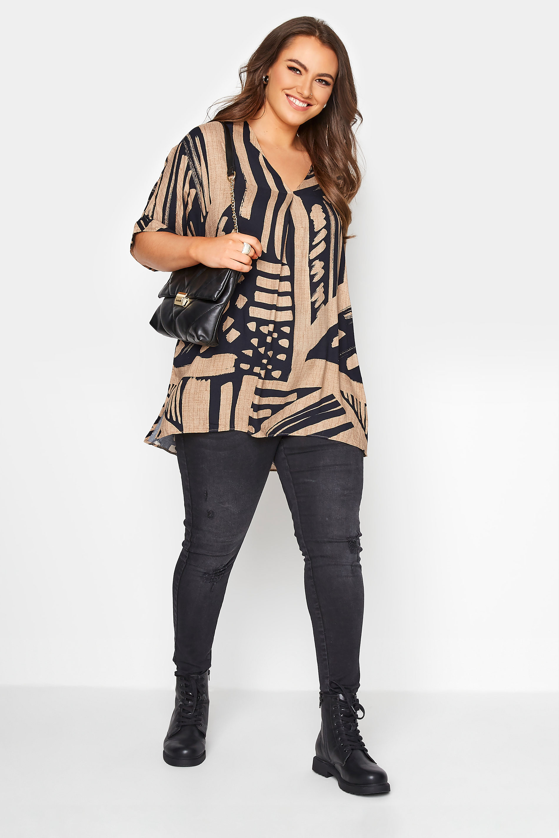 Plus Size Mocha Brown Abstract V-Neck Pleated Front Shirt | Yours Clothing 2