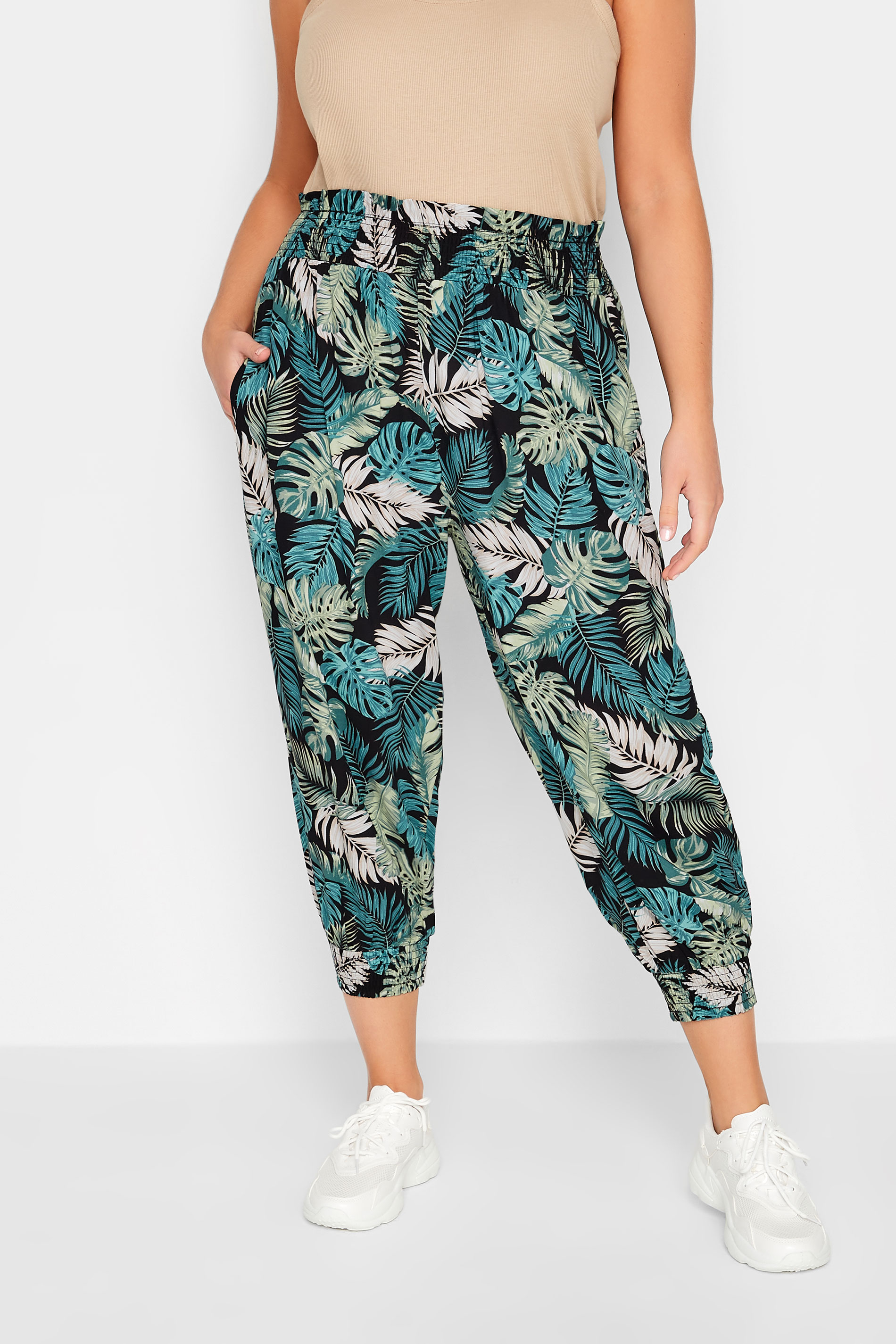 YOURS Curve Plus Size Black Tropical Print Cropped Harem Trousers | Yours Clothing  1