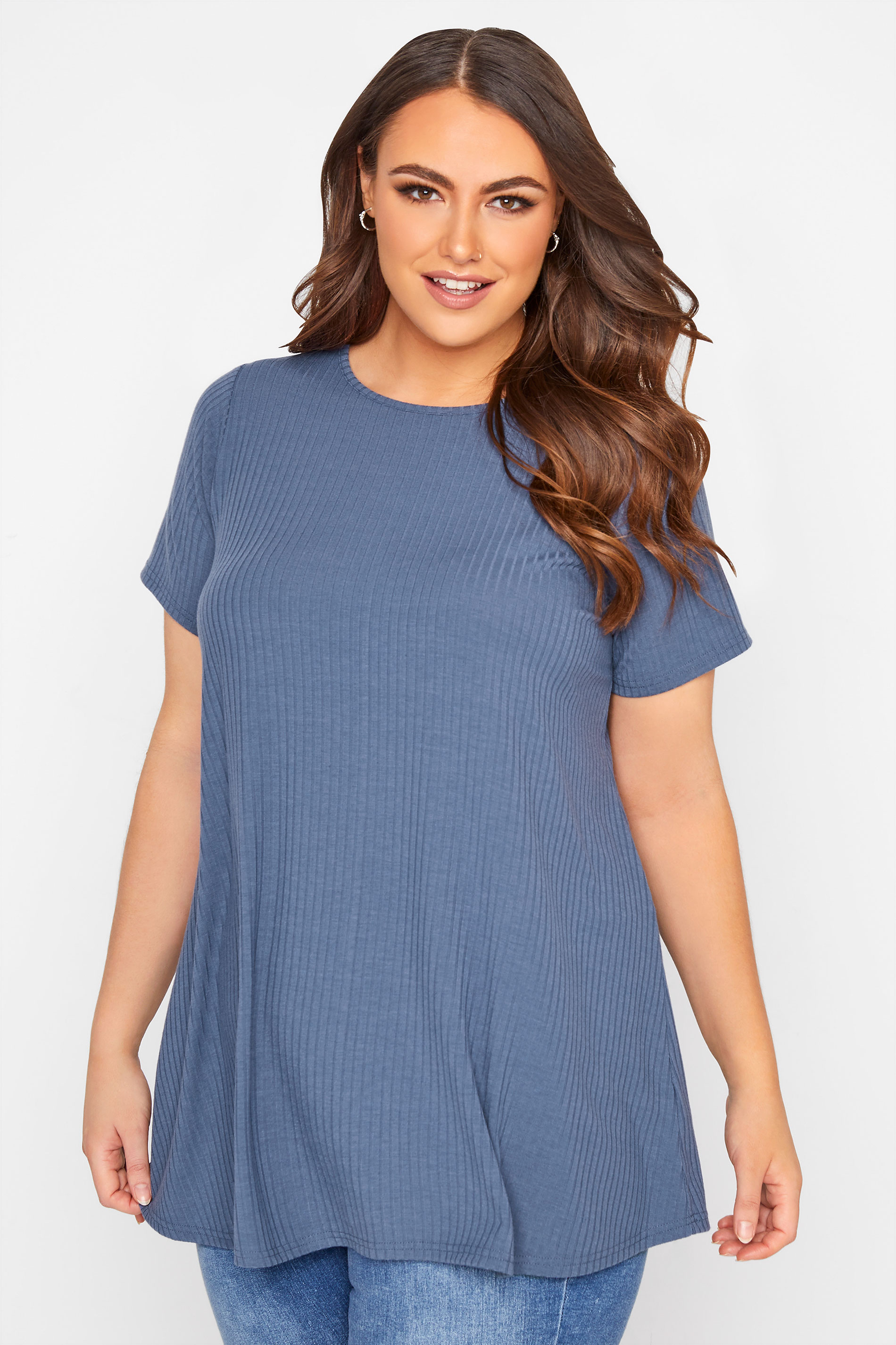Plus Size Blue Ribbed Swing Top | Yours Clothing 1
