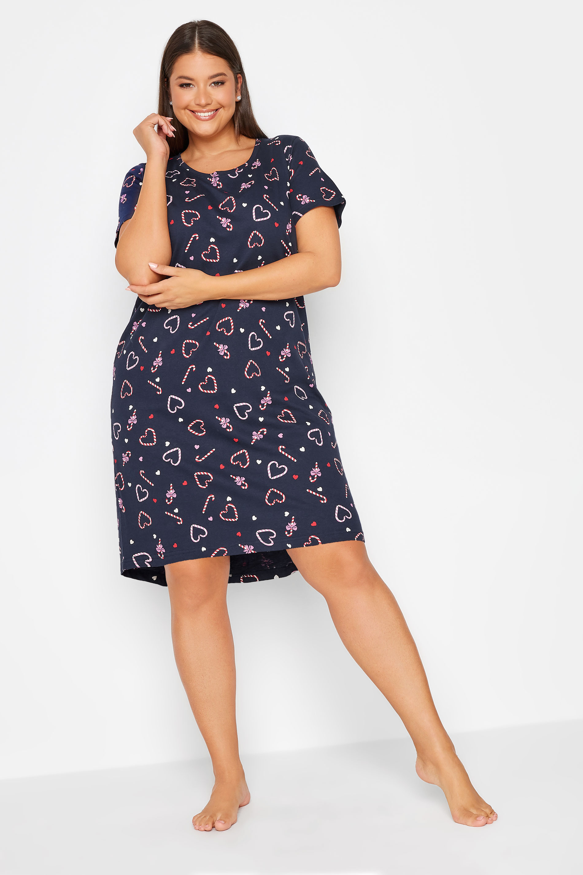 YOURS Plus Size Navy Blue Candy Cane Print Christmas Nightdress | Yours Clothing 3