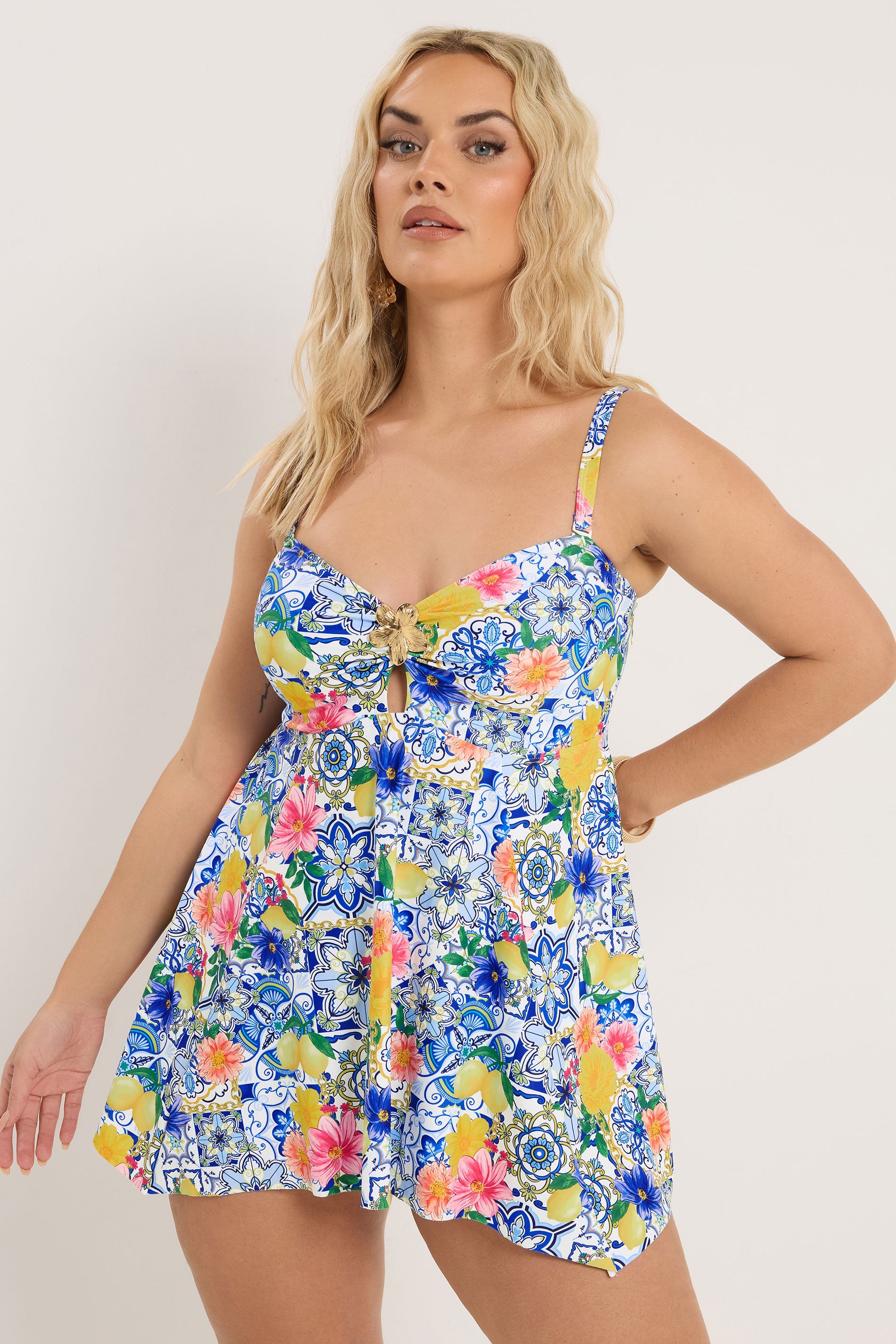 YOURS Plus Size Blue Mediterranean Tile Tankini Top | Yours Clothing 3