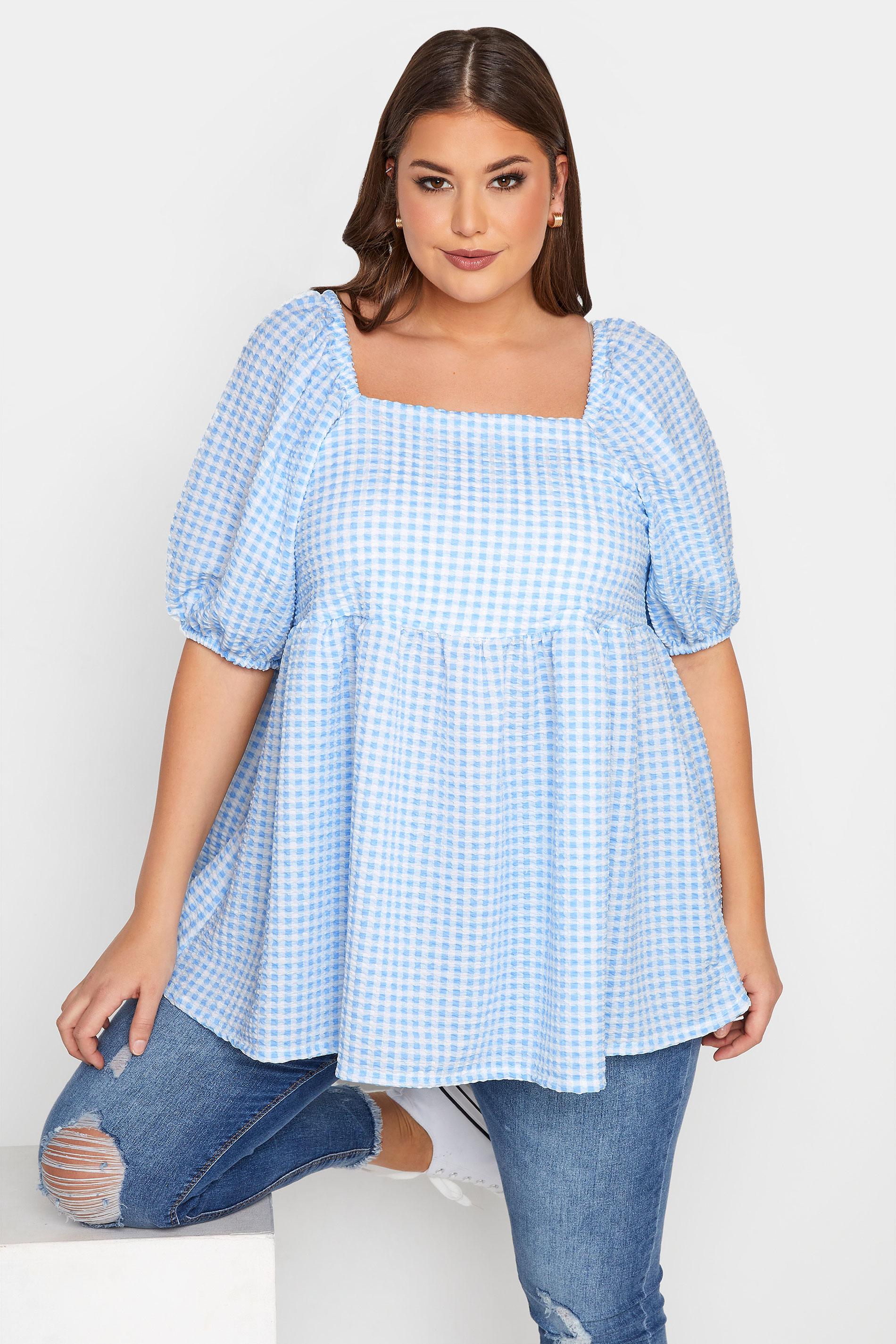 LIMITED COLLECTION Curve Blue Gingham Milkmaid Top 1