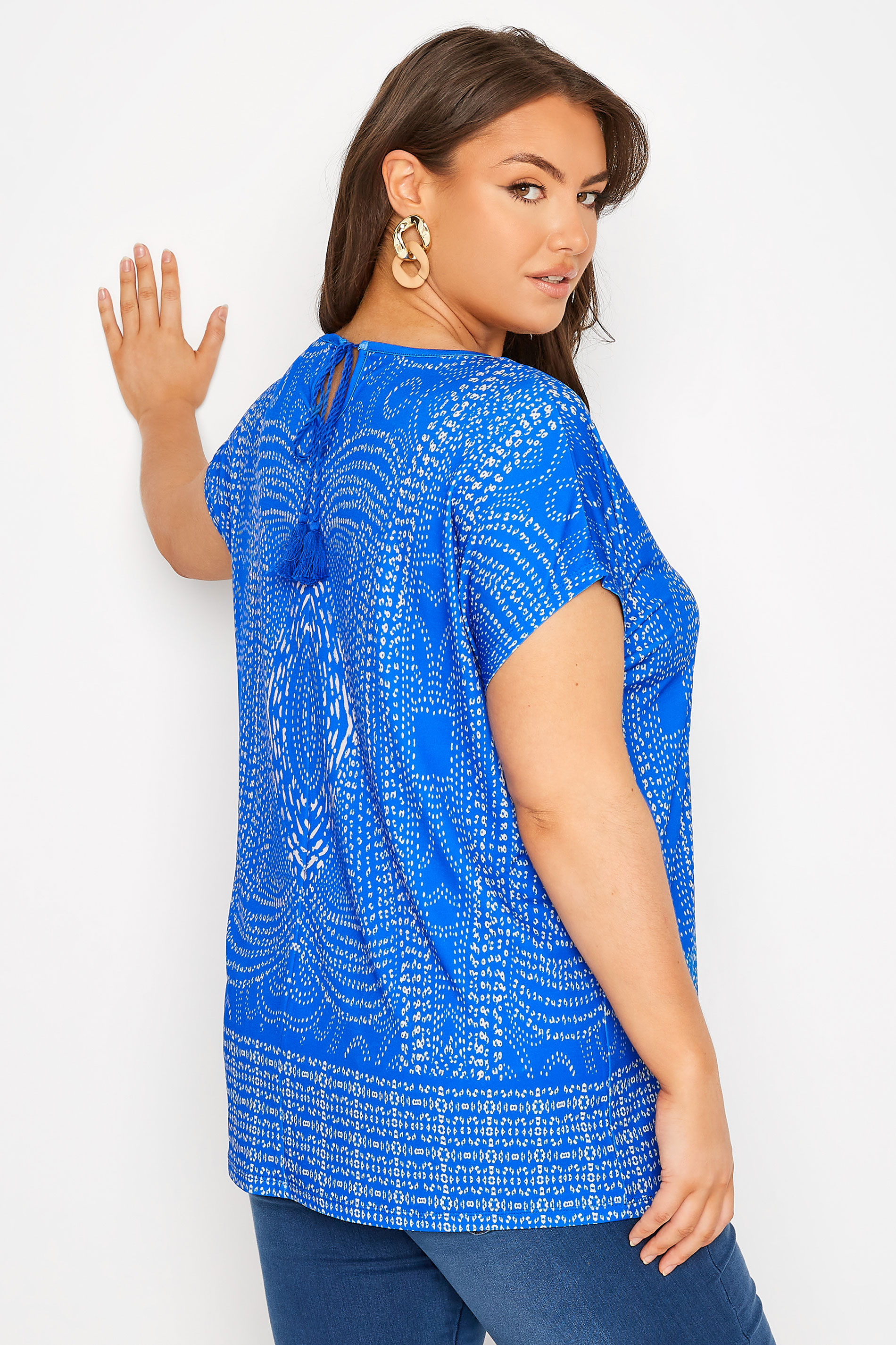 Grande taille  Tops Grande taille  T-Shirts | Curve Blue Aztec Back Tie T-Shirt - LC26530
