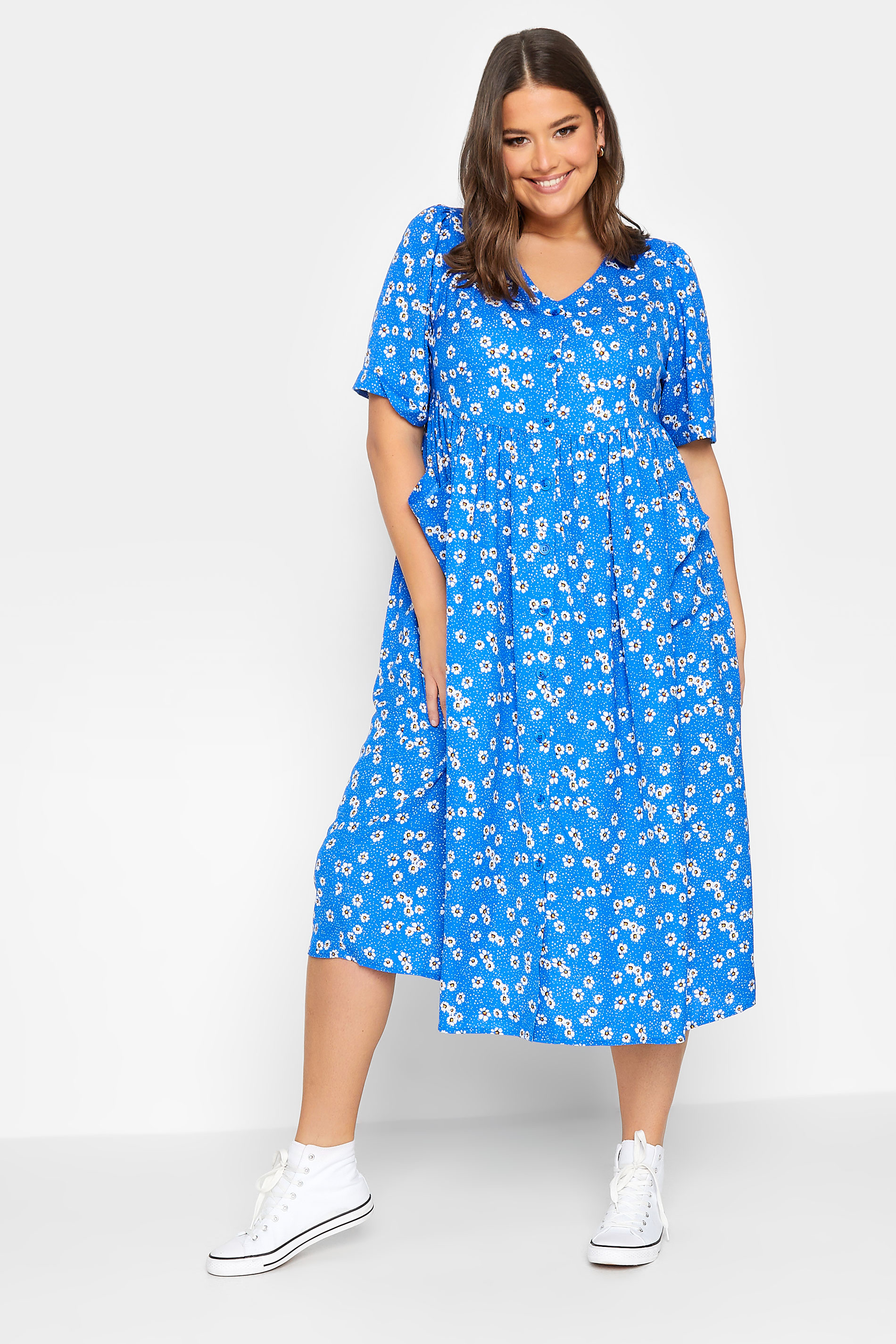 YOURS Plus Size Blue Daisy Print Smock Dress | Yours Clothing 2