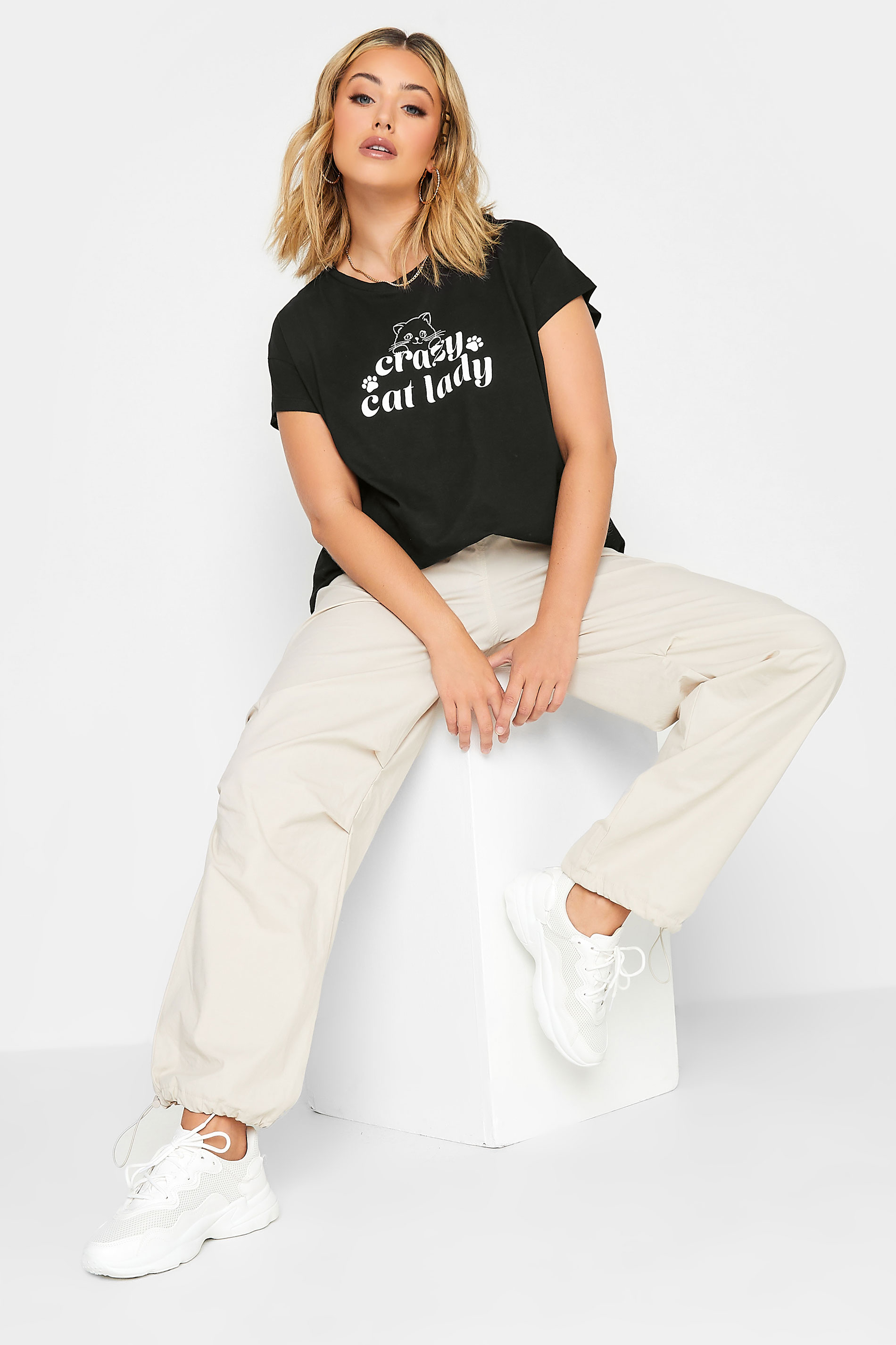 LIMITED COLLECTION Plus Size Black 'Crazy Cat Lady' Slogan T-Shirt | Yours Clothing 3