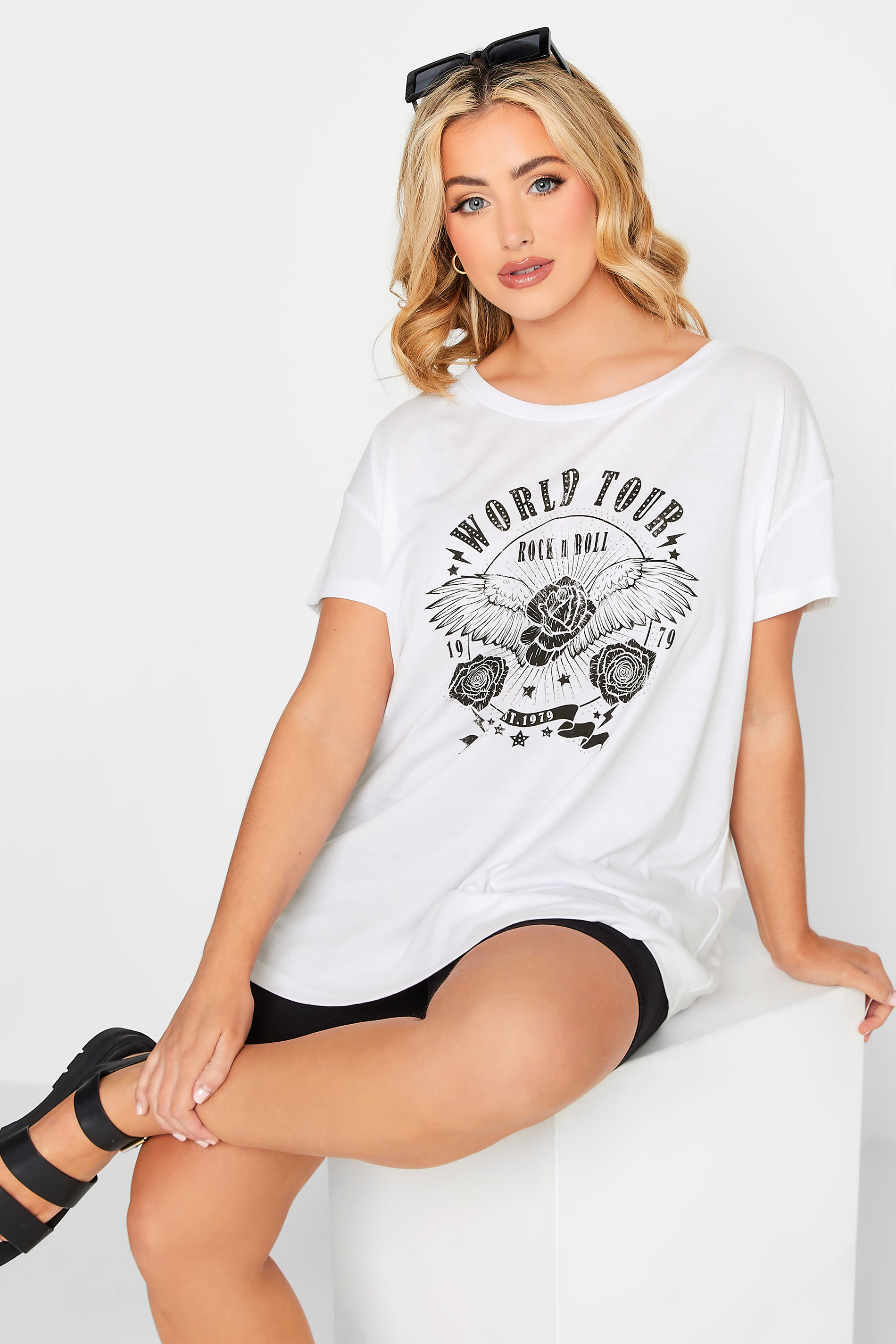 YOURS Plus Size White 'World Tour' Studded Print T-Shirt | Yours Clothing 1