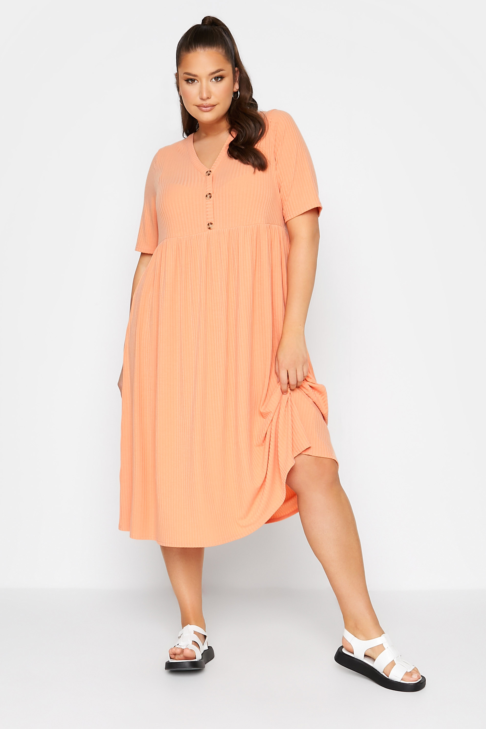 LIMITED COLLECTION Plus Size Light Orange Ribbed Peplum Midi Dress | Yours Clothing  2