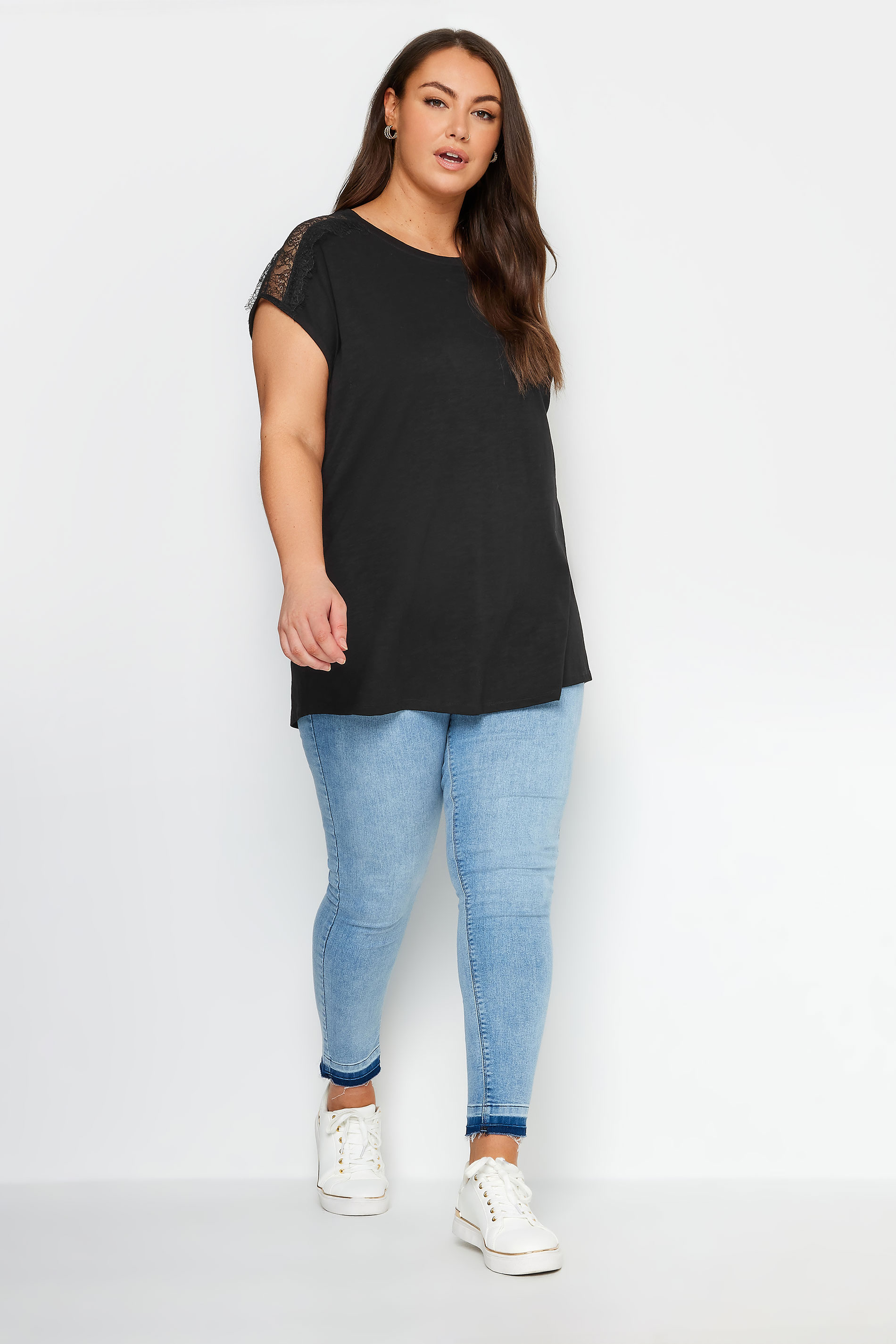 YOURS Plus Size Black Lace Shoulder T-Shirt | Yours Clothing 2