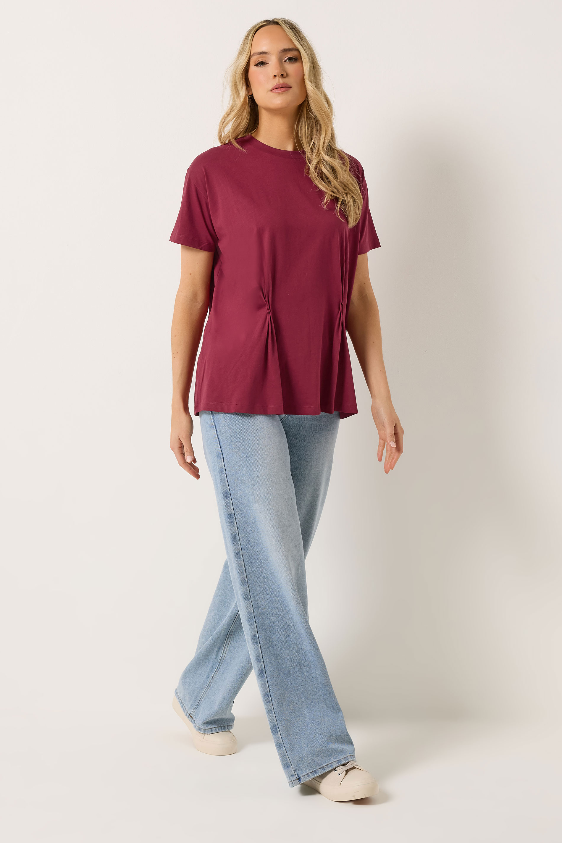 LTS Tall Women's Burgundy Red Pleat Front Cotton T-Shirt | Long Tall Sally 2