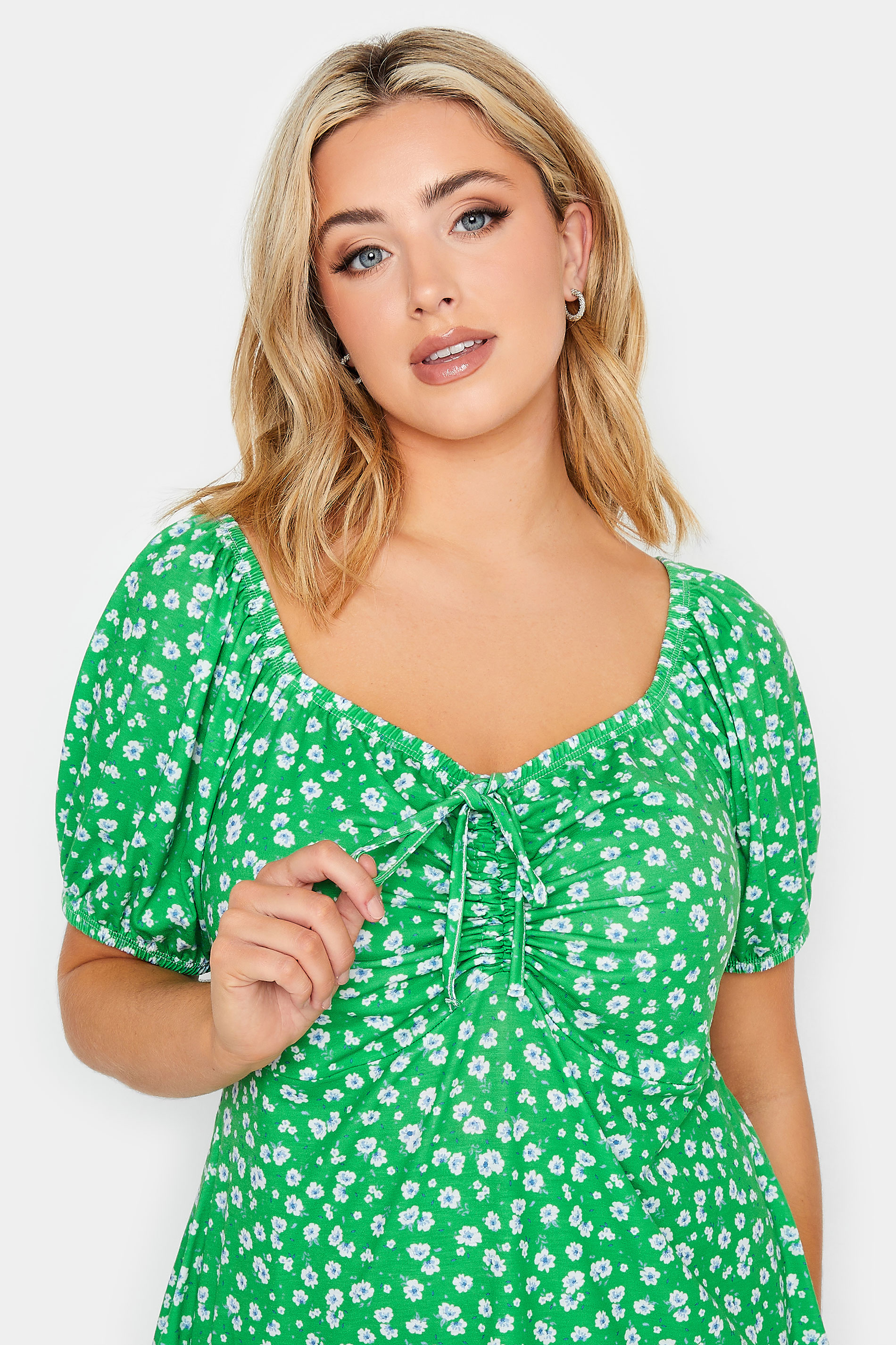 YOURS PETITE Plus Size Green Ditsy Print Ruched Front Top | Yours Clothing