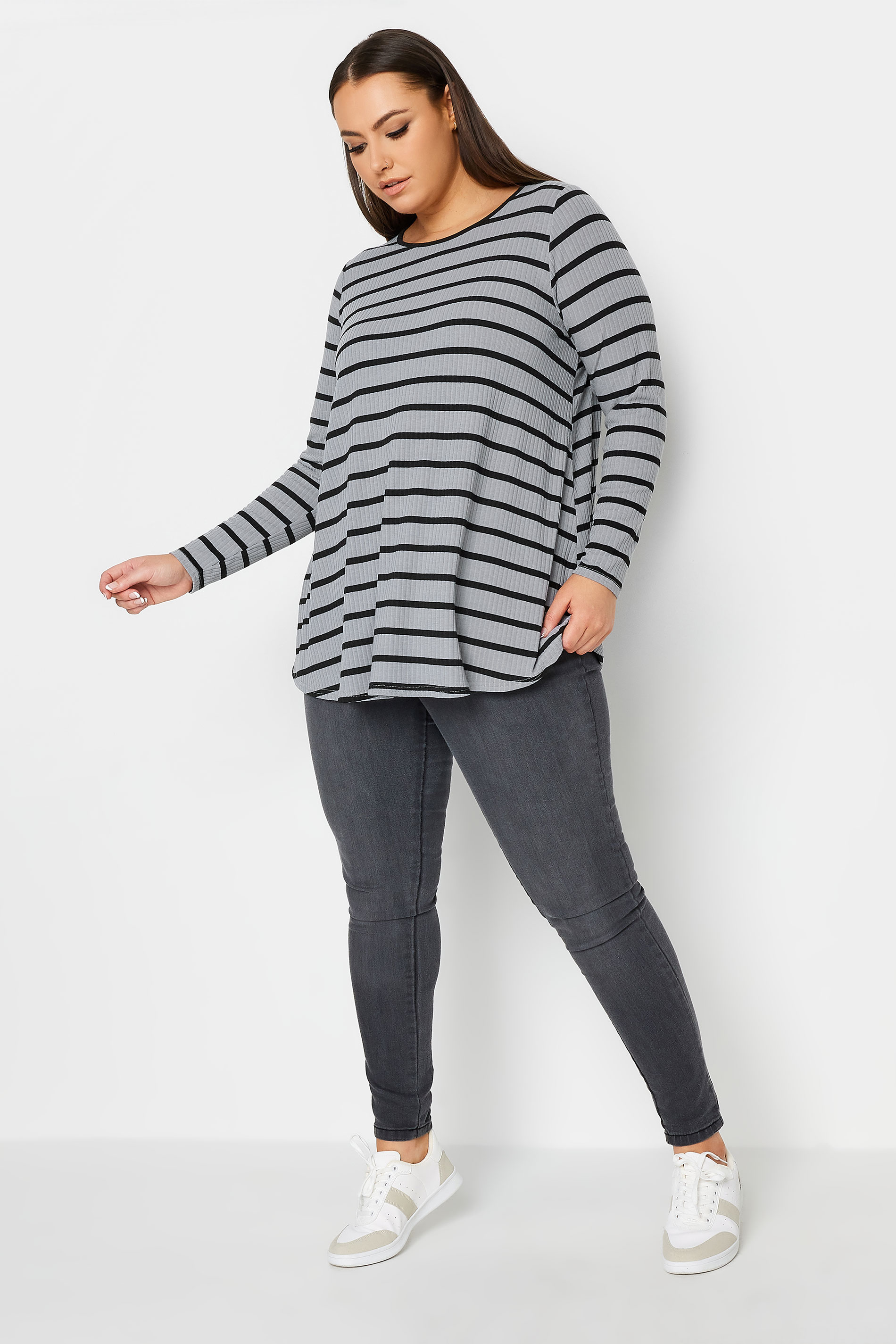YOURS Plus Size Grey & Black Stripe Ribbed Swing T-Shirt | Yours Clothing 2