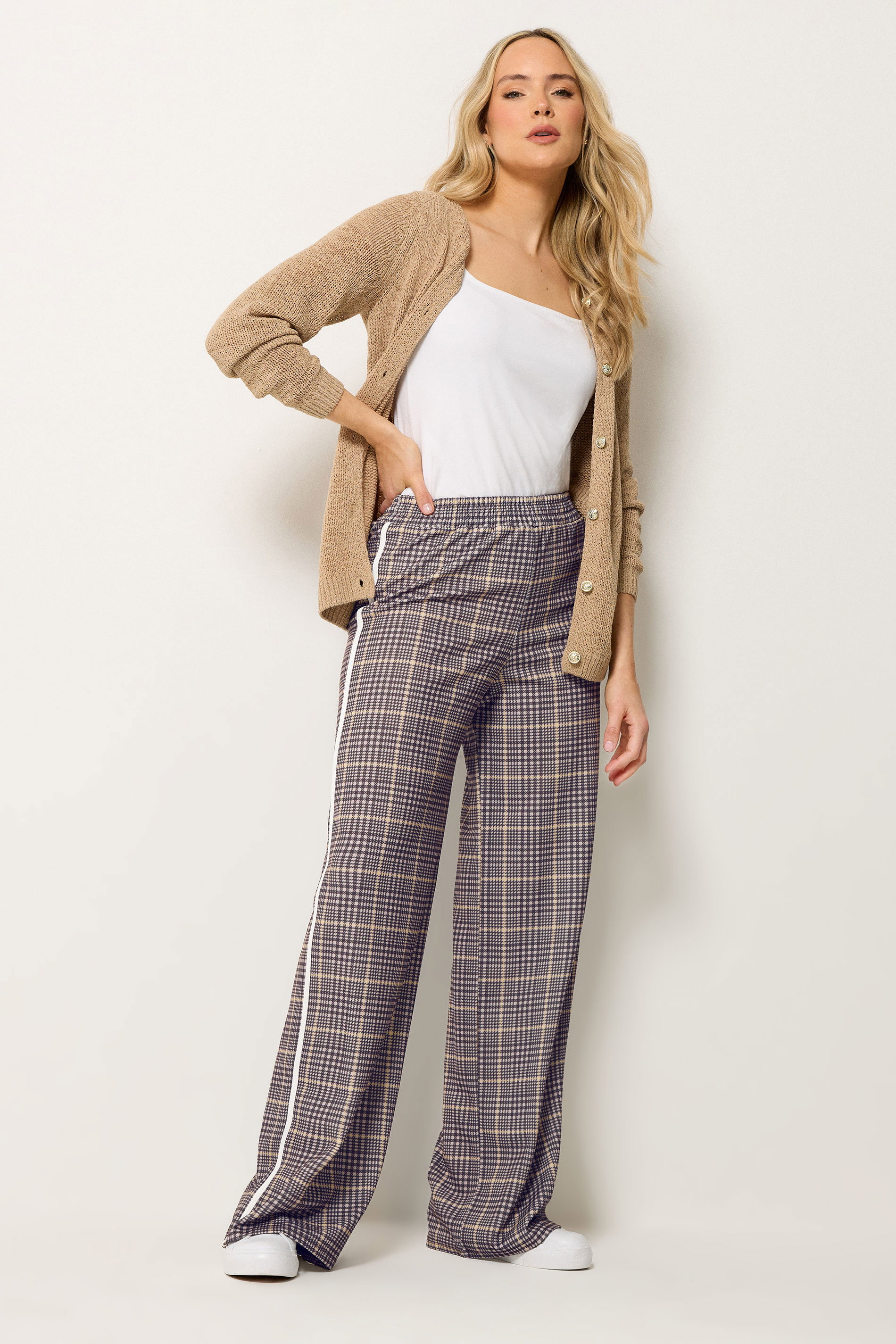 LTS Tall Women's Brown Check Piped Wide Leg Trousers | Long Tall Sally 3