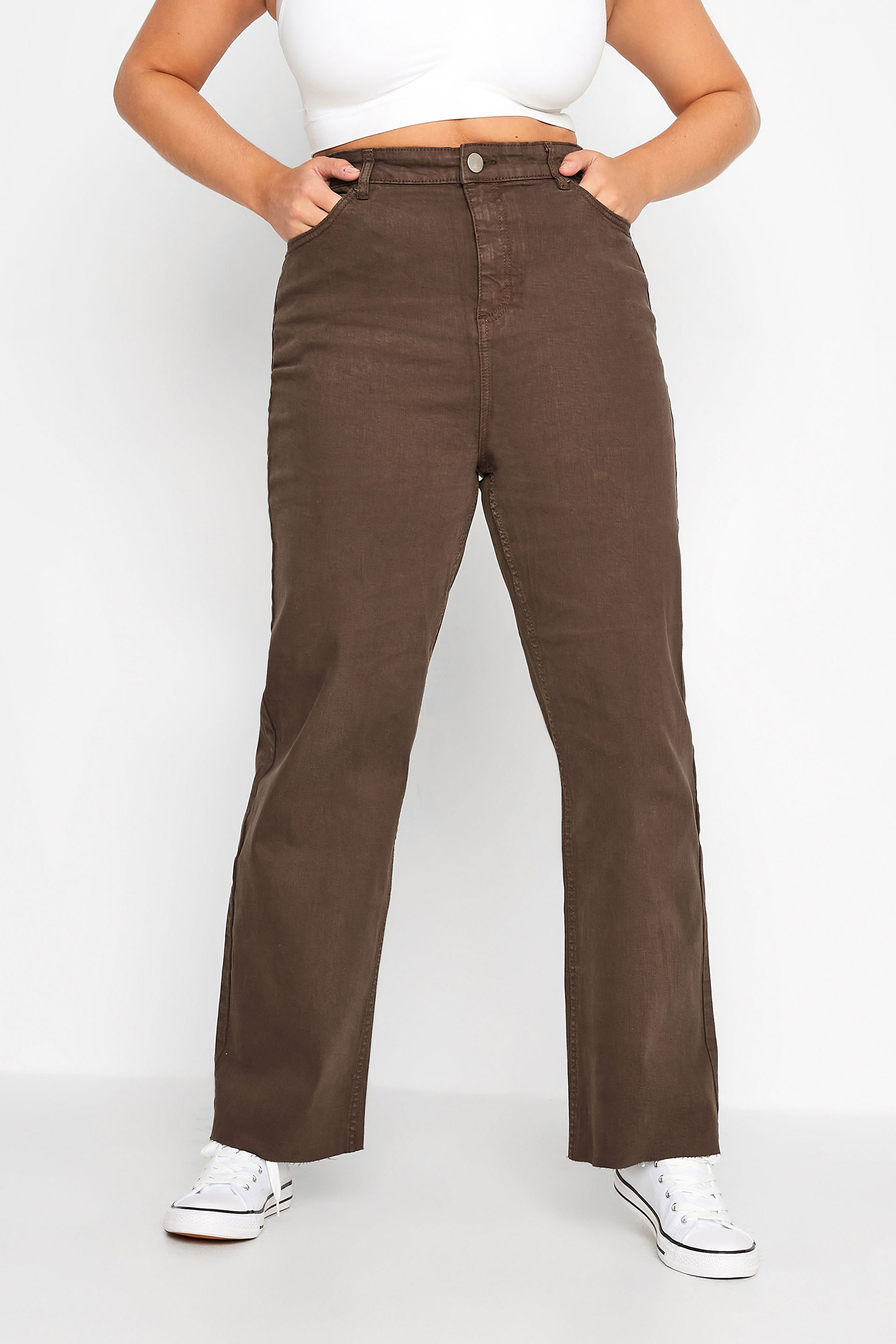 Plus Size Brown Stretch Wide Leg Jeans | Yours Clothing  1