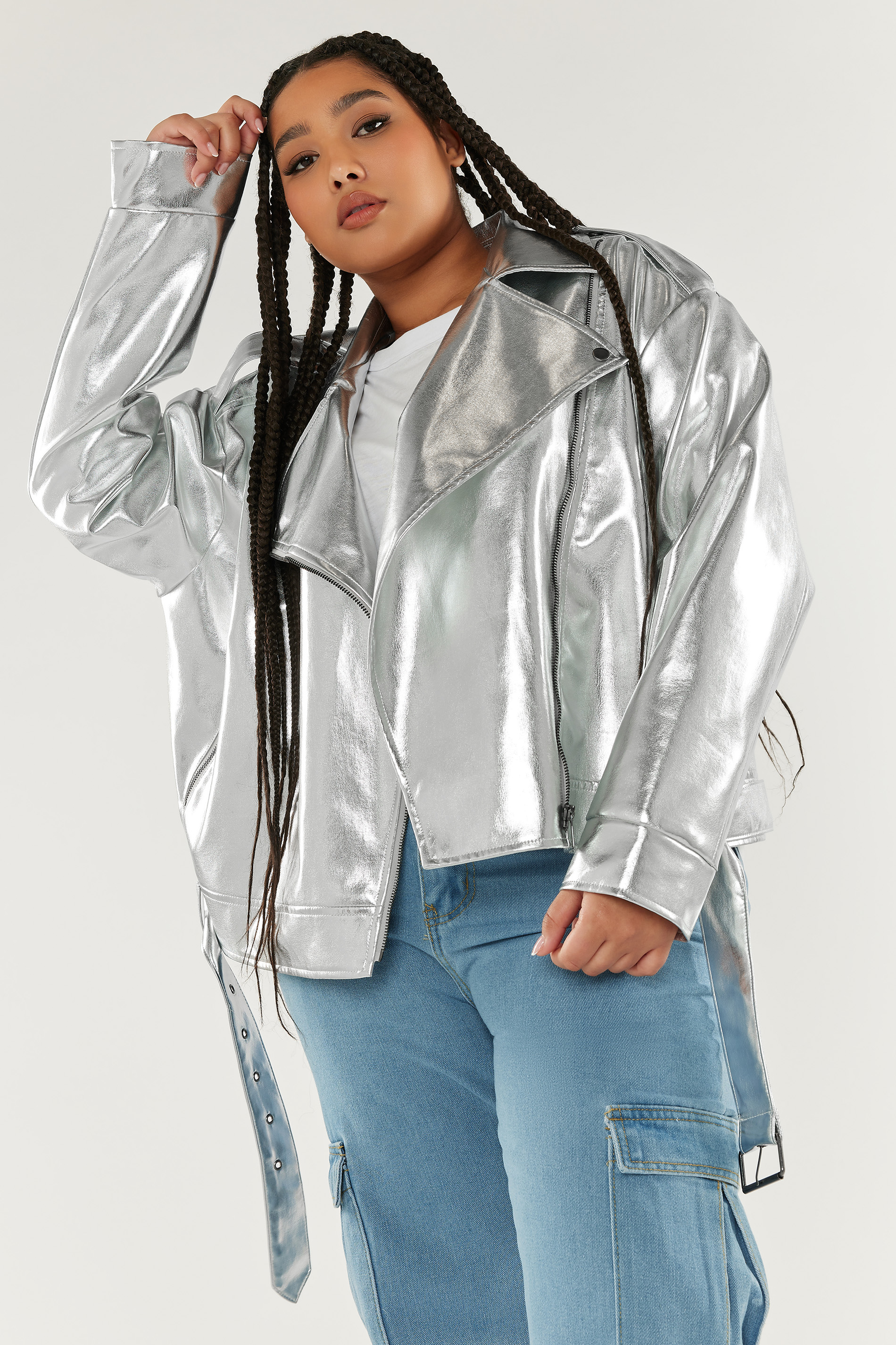 LIMITED COLLECTION Plus Size Silver Metallic Biker Jacket | Yours Clothing 1