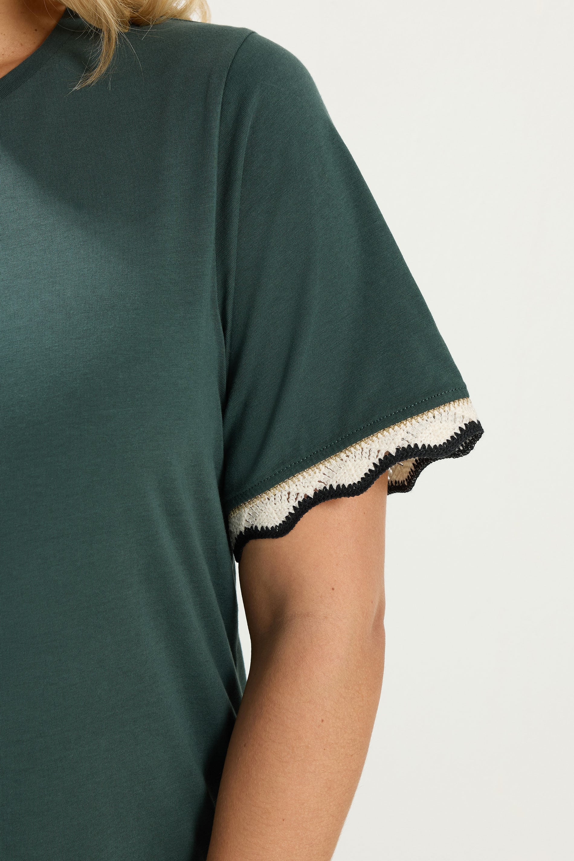 YOURS Plus Size Green Metallic Crochet Trim T-Shirt | Yours Clothing  4