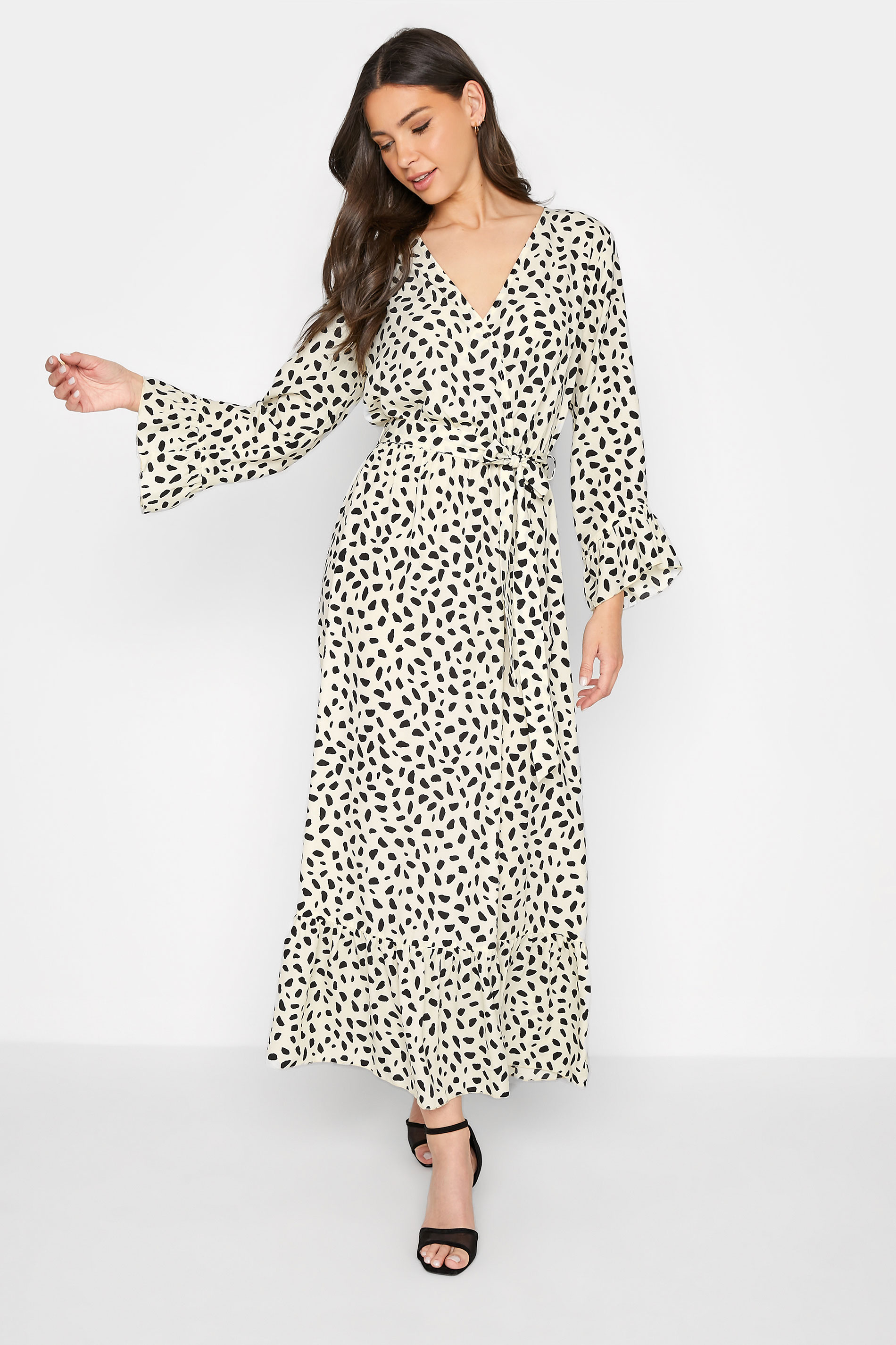 LTS Tall Ivory White Dalmatian Print Wrap Dress 1